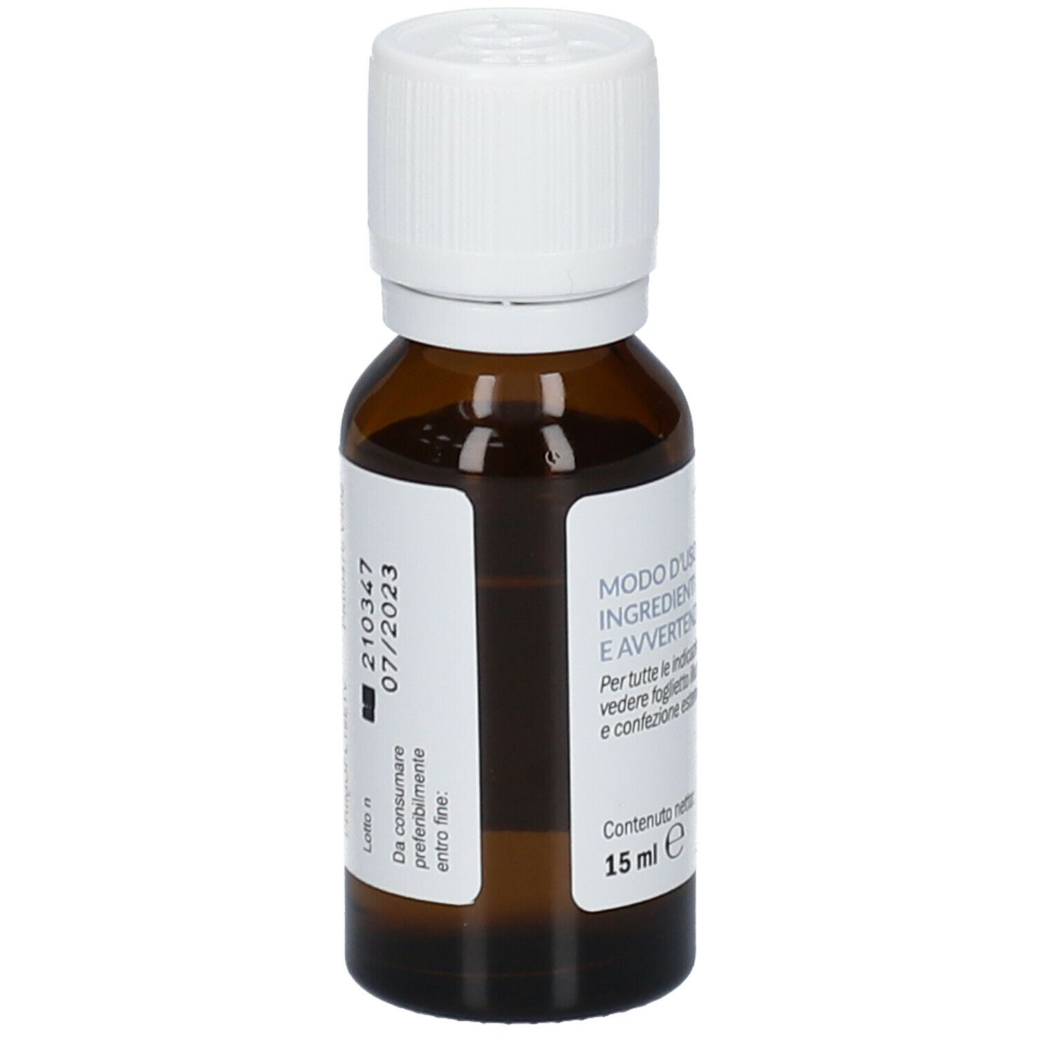 Braune Flasche mit weißem Deckel. Aufschrift PRIMOFLUOR, 15 ml. Rückseite mit Verfallsdatum 07/2023.