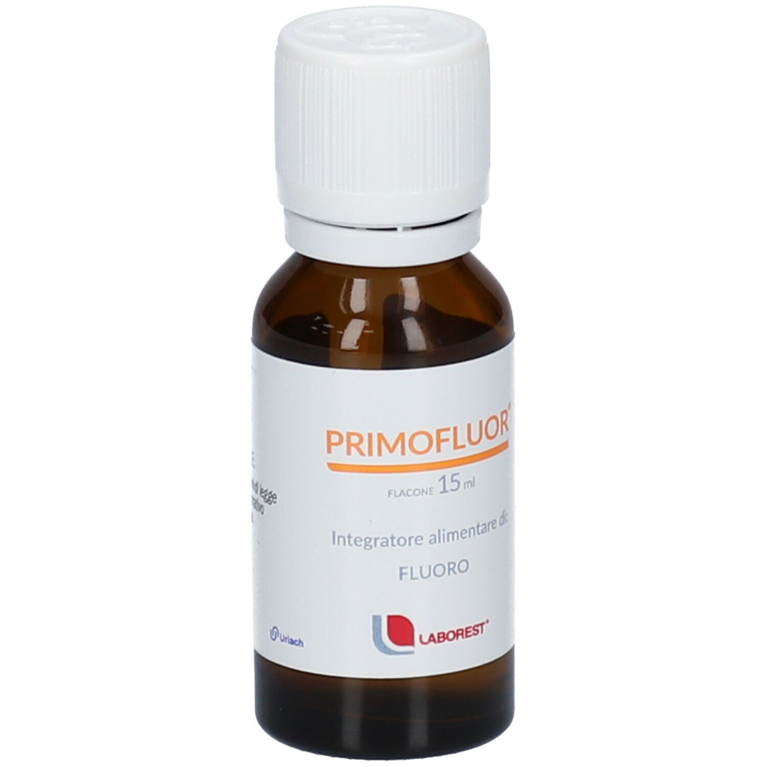 Braune Flasche mit weißem Deckel. Aufschrift PRIMOFLUOR, 15 ml. Etikett mit Produktinformationen und Logo.