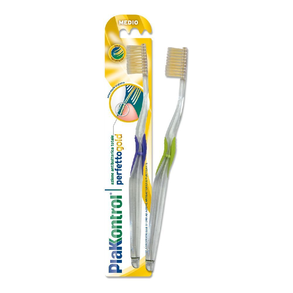 Due spazzolini in confezione blister. Manici trasparenti, setole gialle. Scritta PlakKontrol Perfetto Gold.
