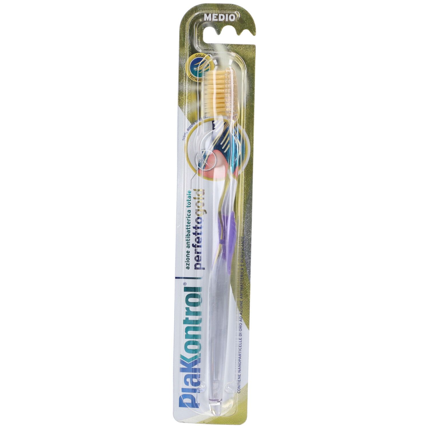Spazzolino in confezione blister. Manico trasparente, setole gialle. Scritta PlakKontrol Perfetto Gold. Confezione con gancio.
