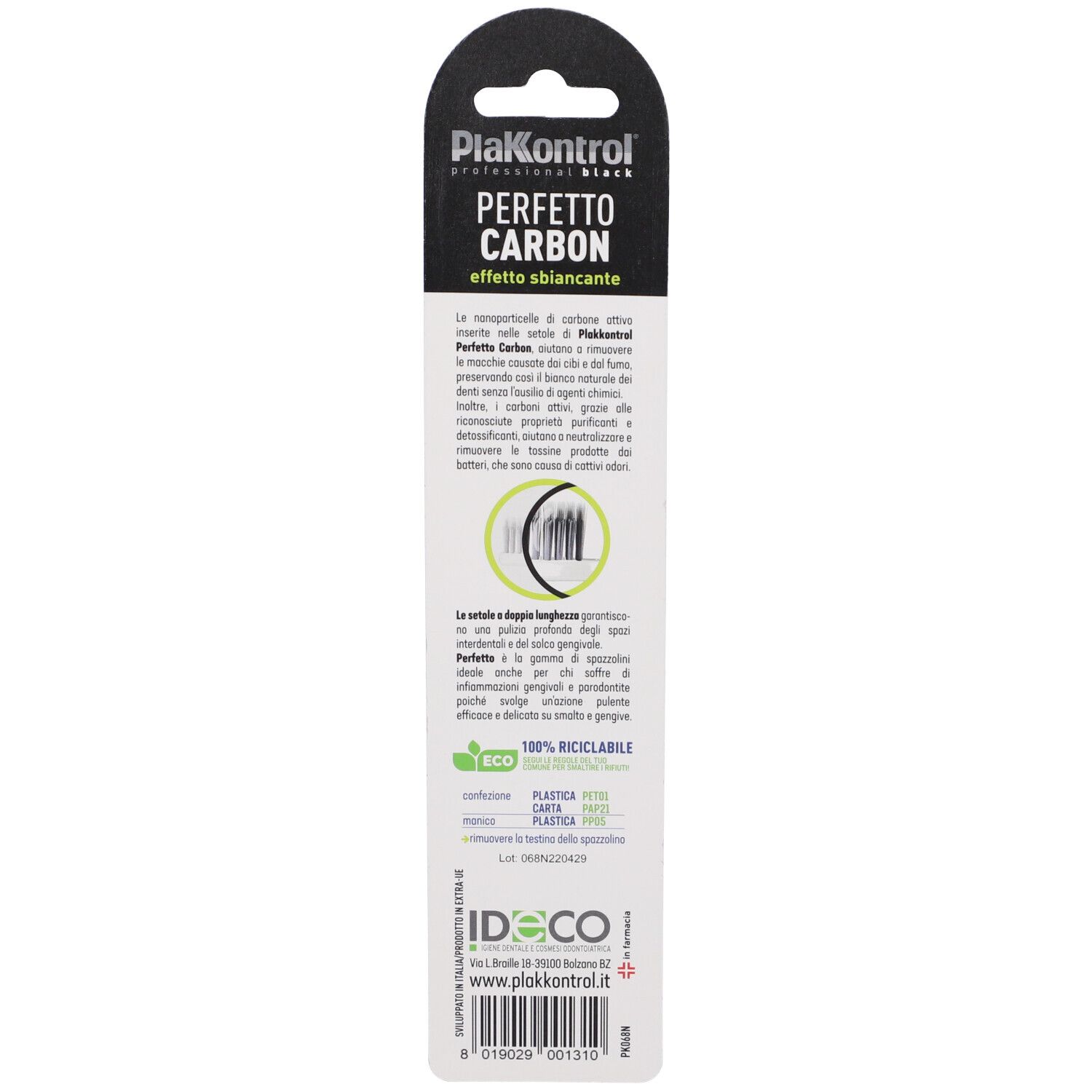 Rückseite der Verpackung. Text über die Eigenschaften der Zahnbürste. Marke Plakkontrol, Modell Perfetto Carbon. 100% recycelbar.