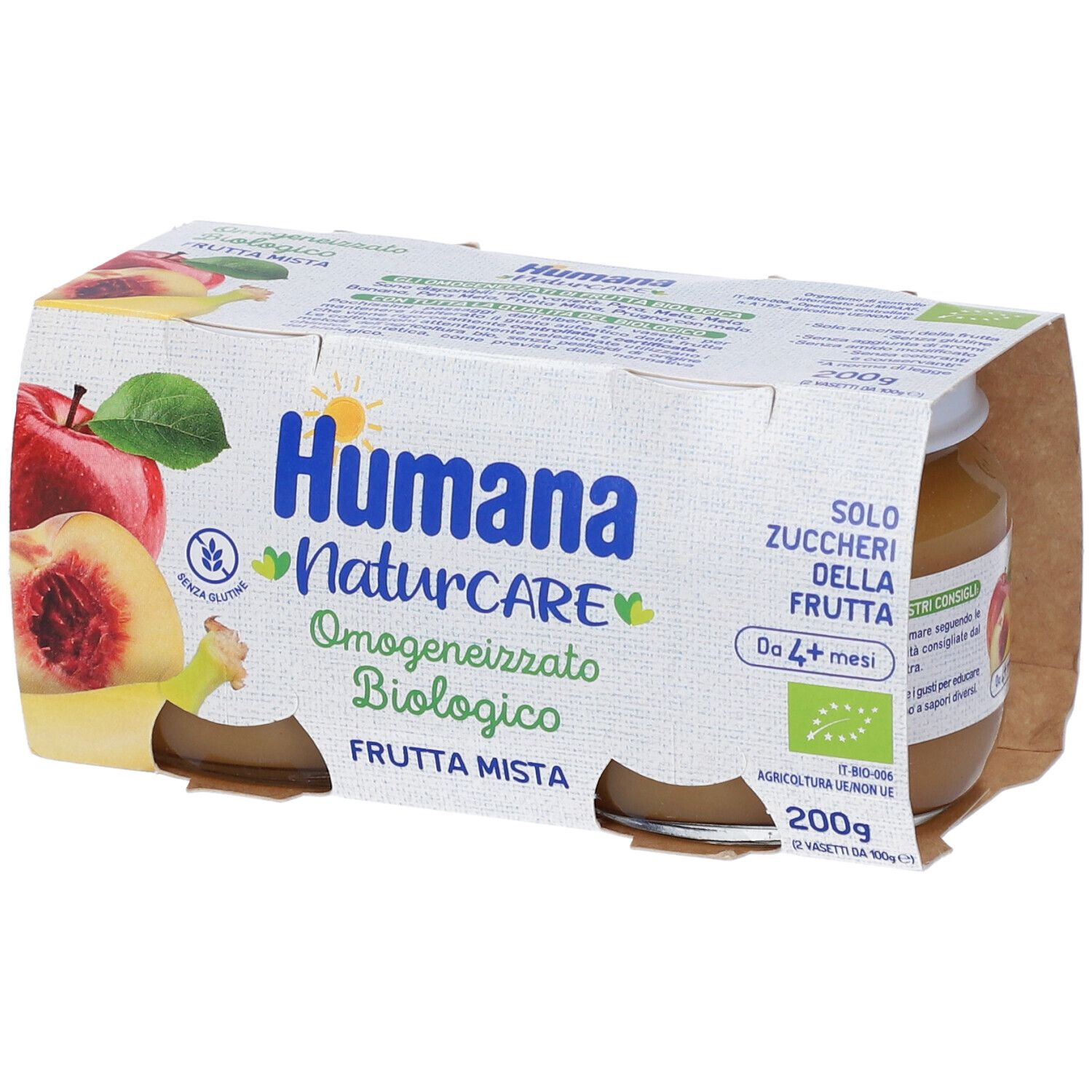 Humana Naturcare, omogeneizzato biologico di frutta mista. Confezione da 4 vasetti in cartone. Scritto: Frutta Mista, senza glutine, da 4+ mesi.