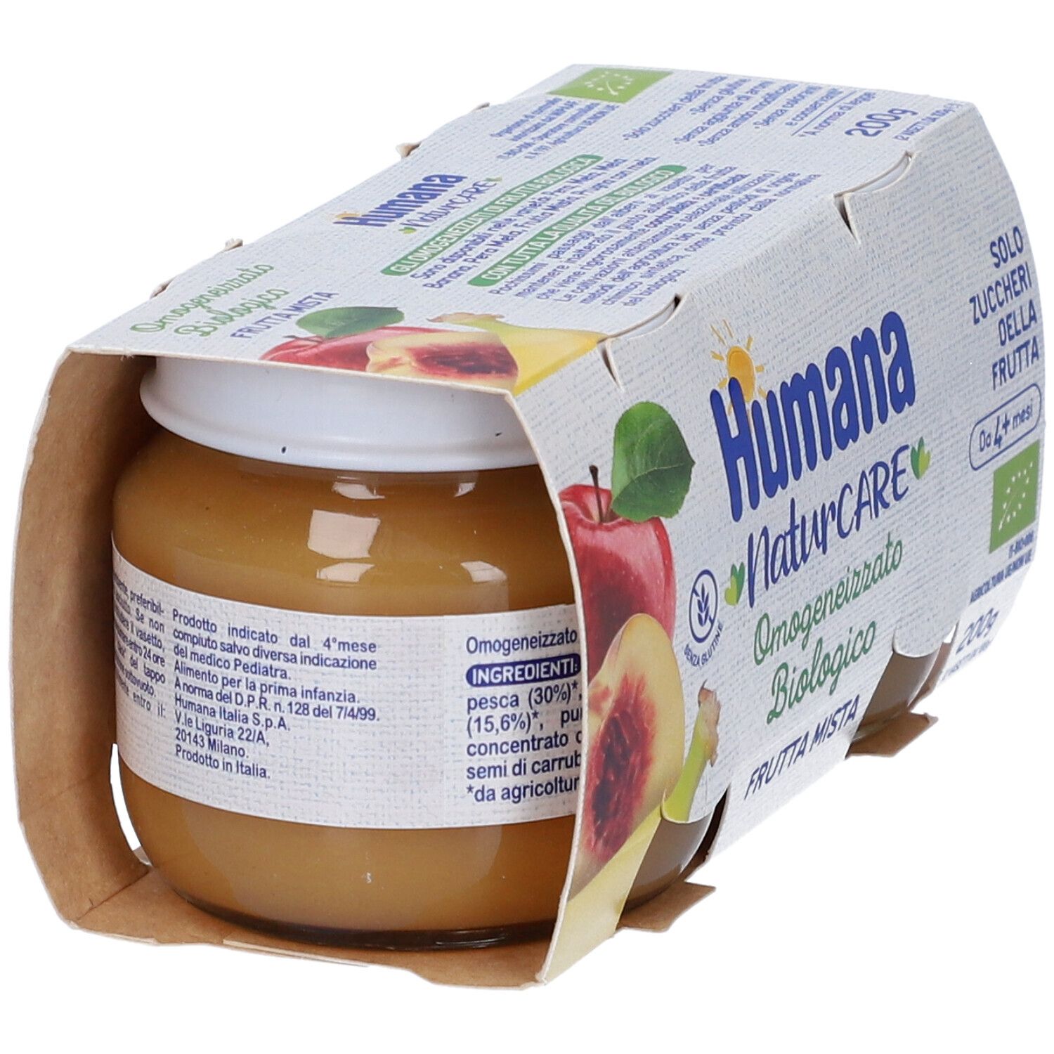 Humana Naturcare, omogeneizzato biologico di frutta mista. Un vasetto in cartone. Scritto: Frutta Mista, ingredienti, senza glutine, da 4+ mesi.