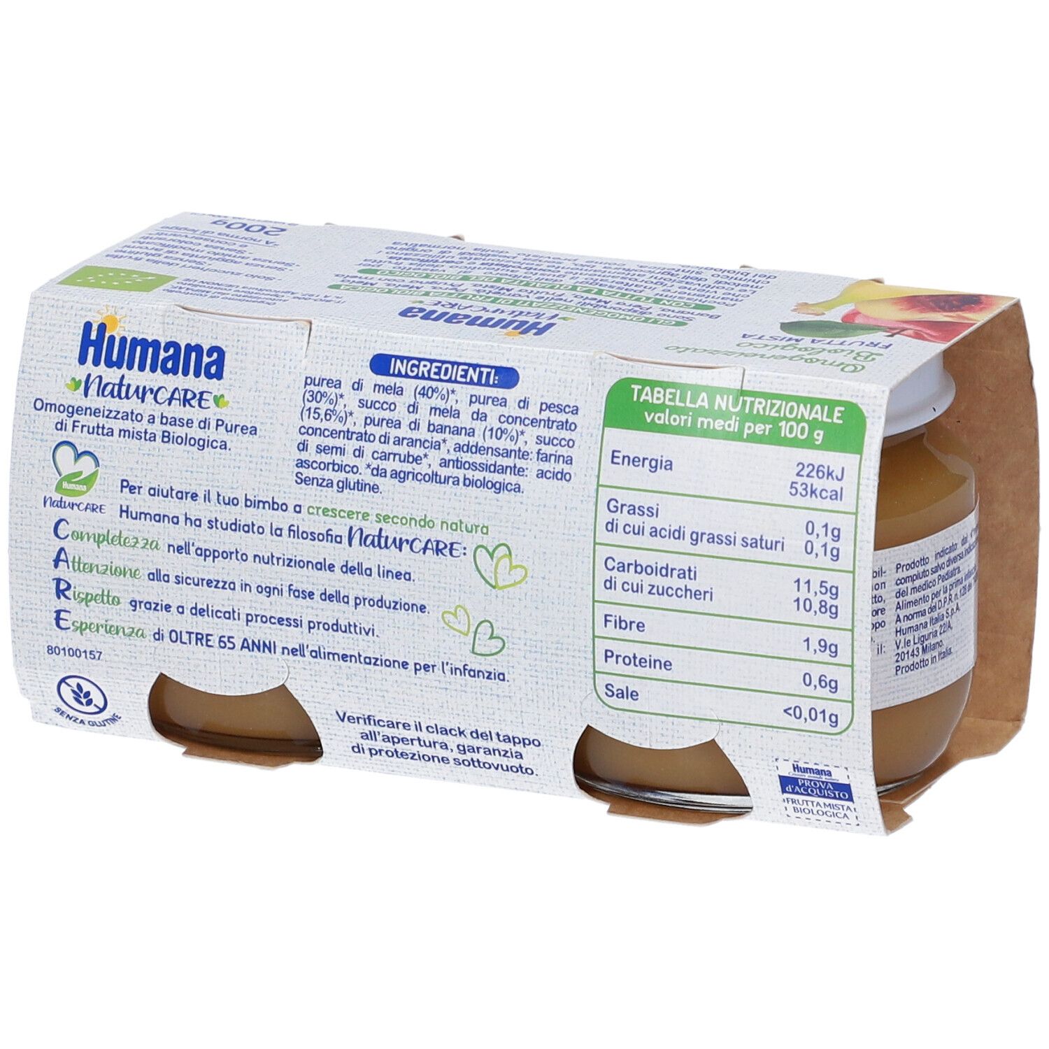 Humana Naturcare, omogeneizzato biologico di frutta mista. Retro della confezione in cartone. Scritto: ingredienti, tabella nutrizionale, senza glutine, da 4+ mesi.