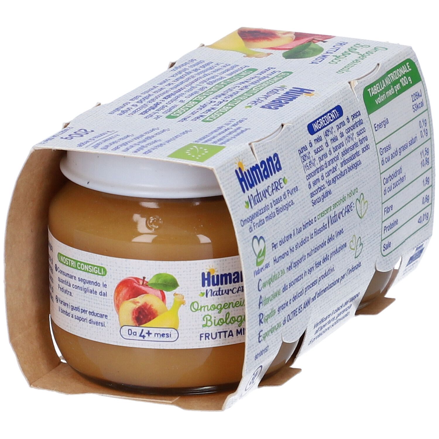 Humana Naturcare, omogeneizzato biologico di frutta mista. Un vasetto in cartone. Scritto: Frutta Mista, senza glutine, da 4+ mesi, tabella nutrizionale.