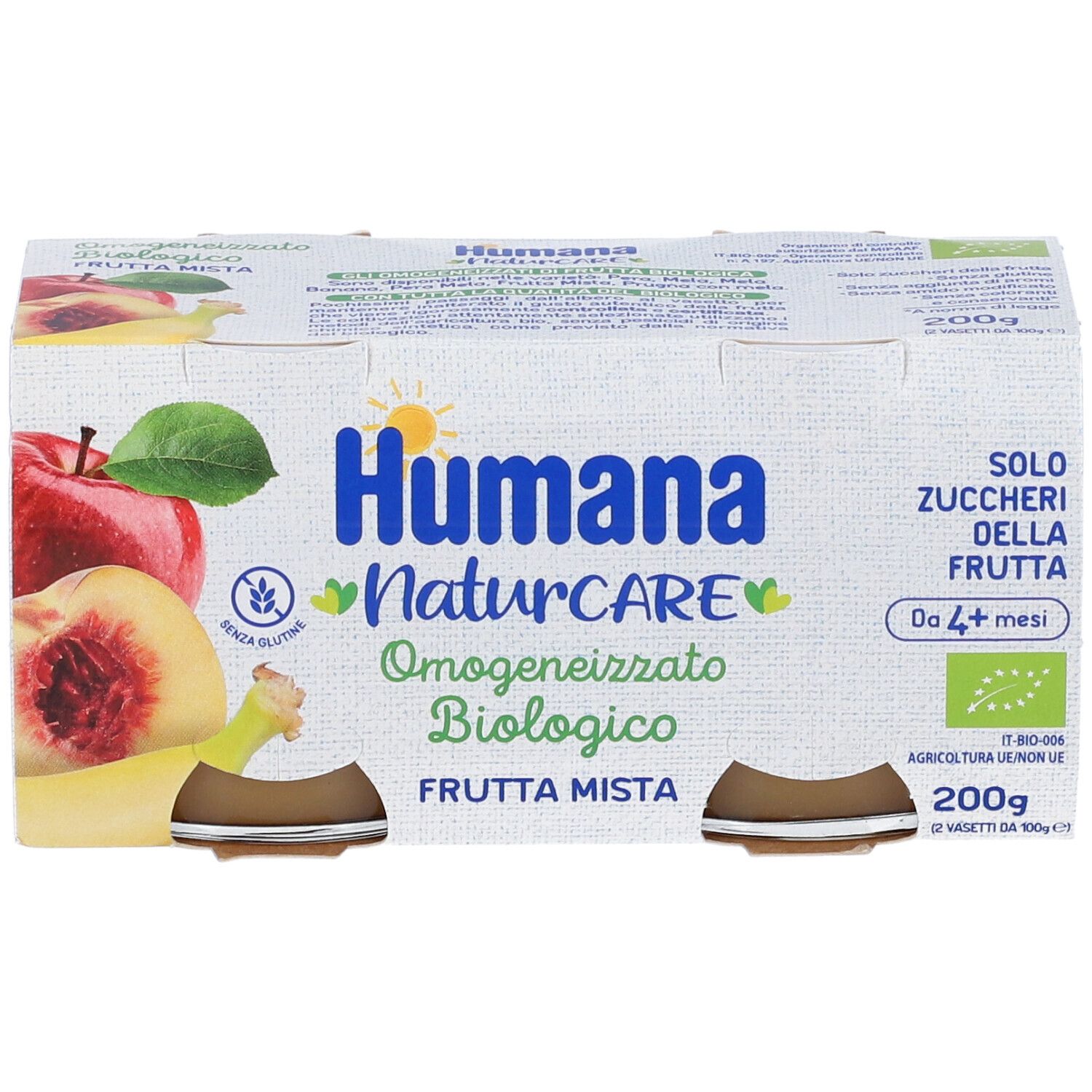 Humana Naturcare, omogeneizzato biologico di frutta mista. Confezione da 4 vasetti in cartone. Scritto: Frutta Mista, senza glutine, da 4+ mesi, 200g.