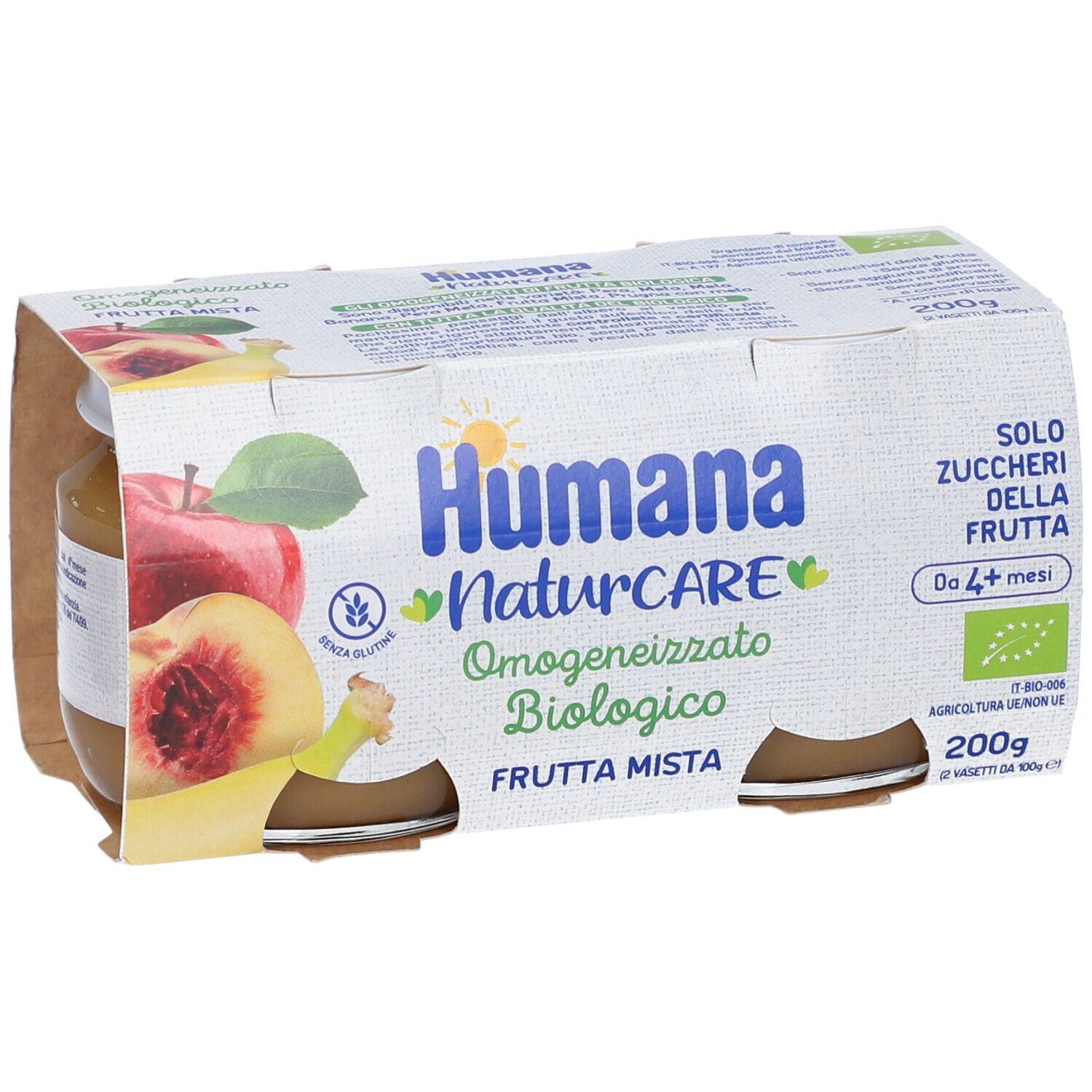 Humana Naturcare, omogeneizzato biologico di frutta mista. Confezione da 4 vasetti in cartone. Scritto: Frutta Mista, senza glutine, da 4+ mesi, 200g.