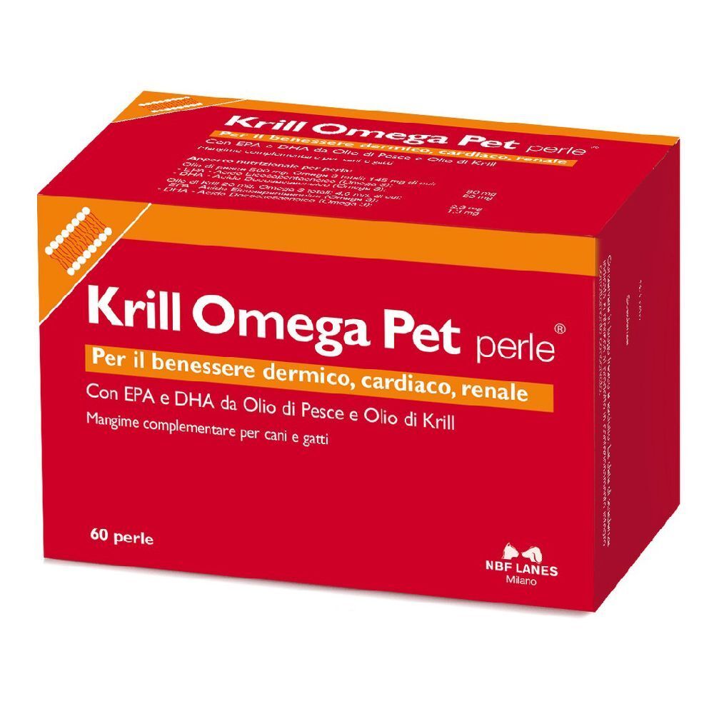 Scatola rossa "Krill Omega Pet" con 60 perle. Testo in italiano.