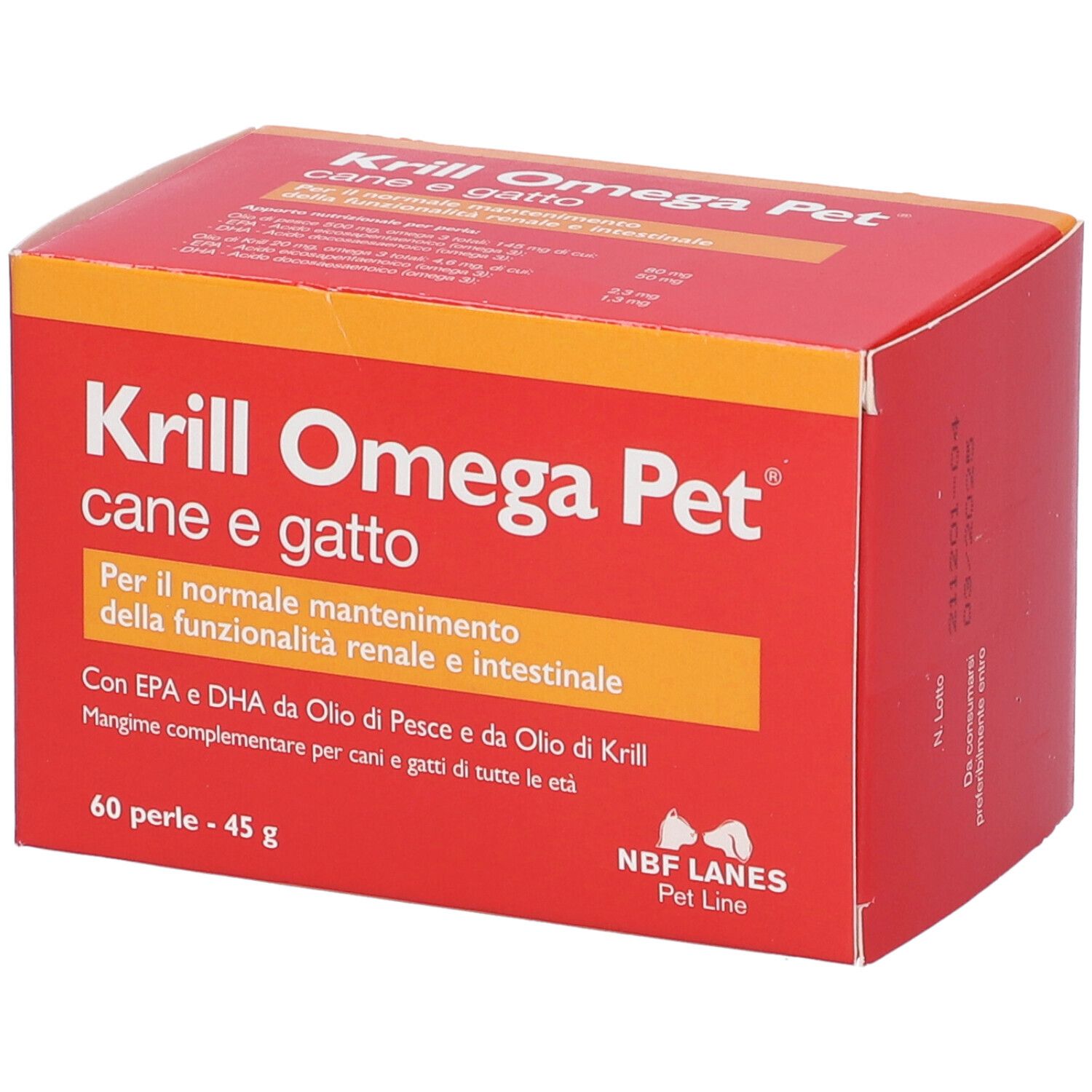 Scatola rossa "Krill Omega Pet" per cani e gatti. 60 perle, 45 g. Testo in italiano.