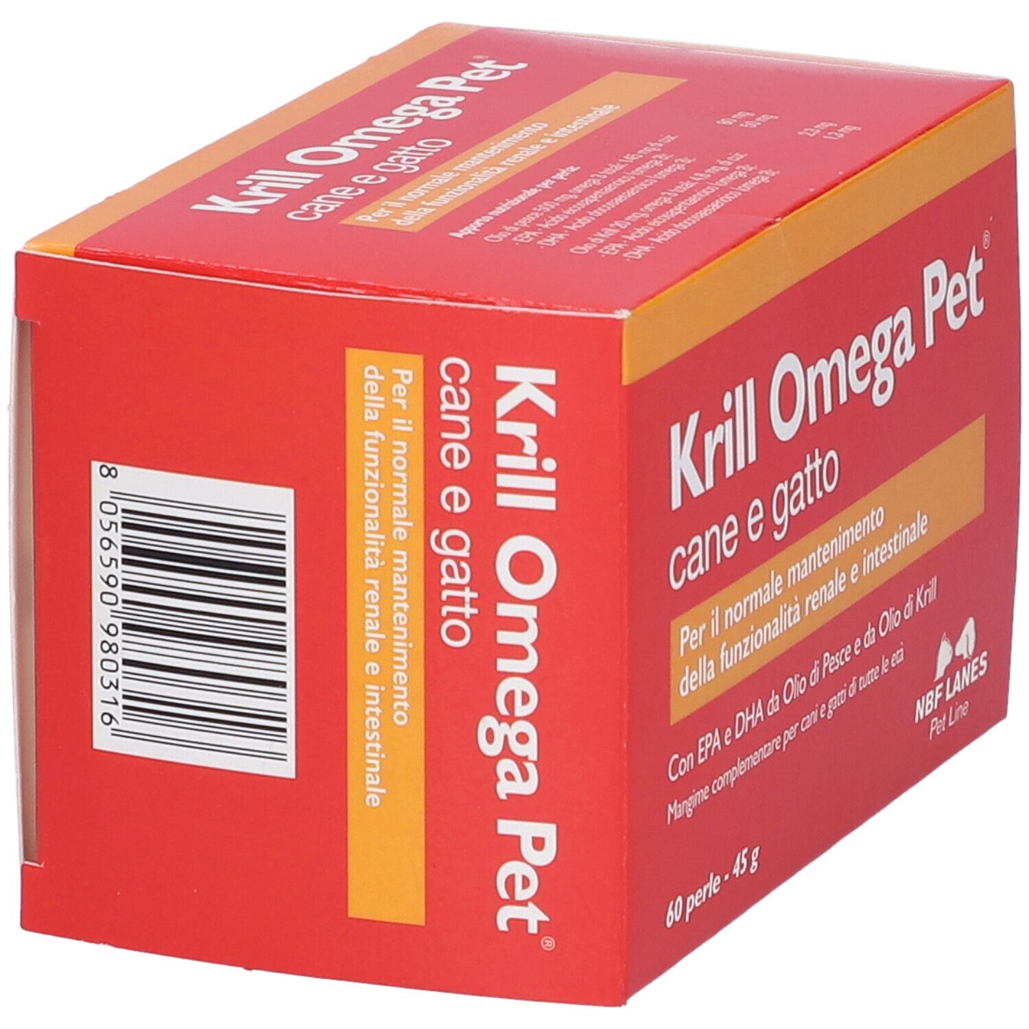 Scatola rossa "Krill Omega Pet" per cani e gatti. 60 perle, 45 g. Codice a barre.