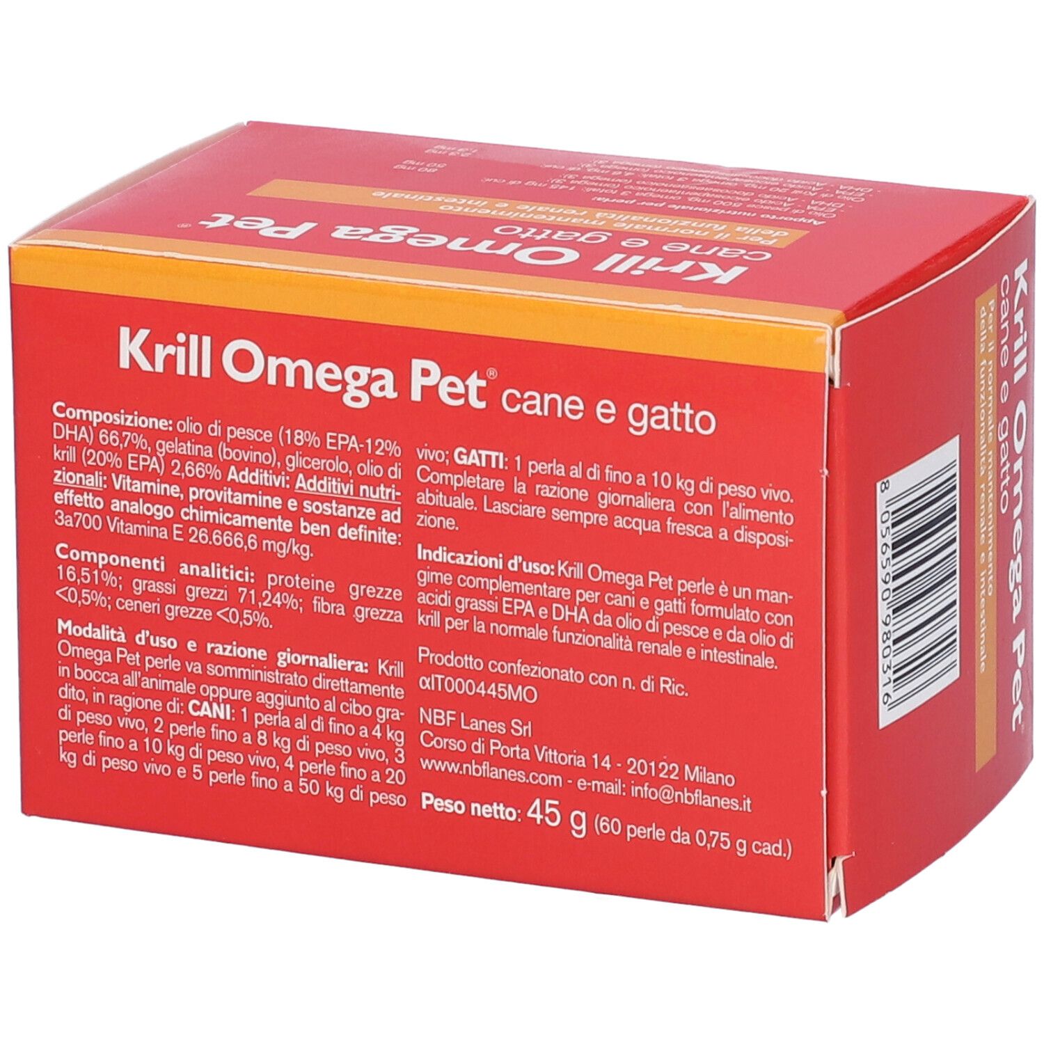 Scatola rossa "Krill Omega Pet" per cani e gatti. Testo e ingredienti in italiano.