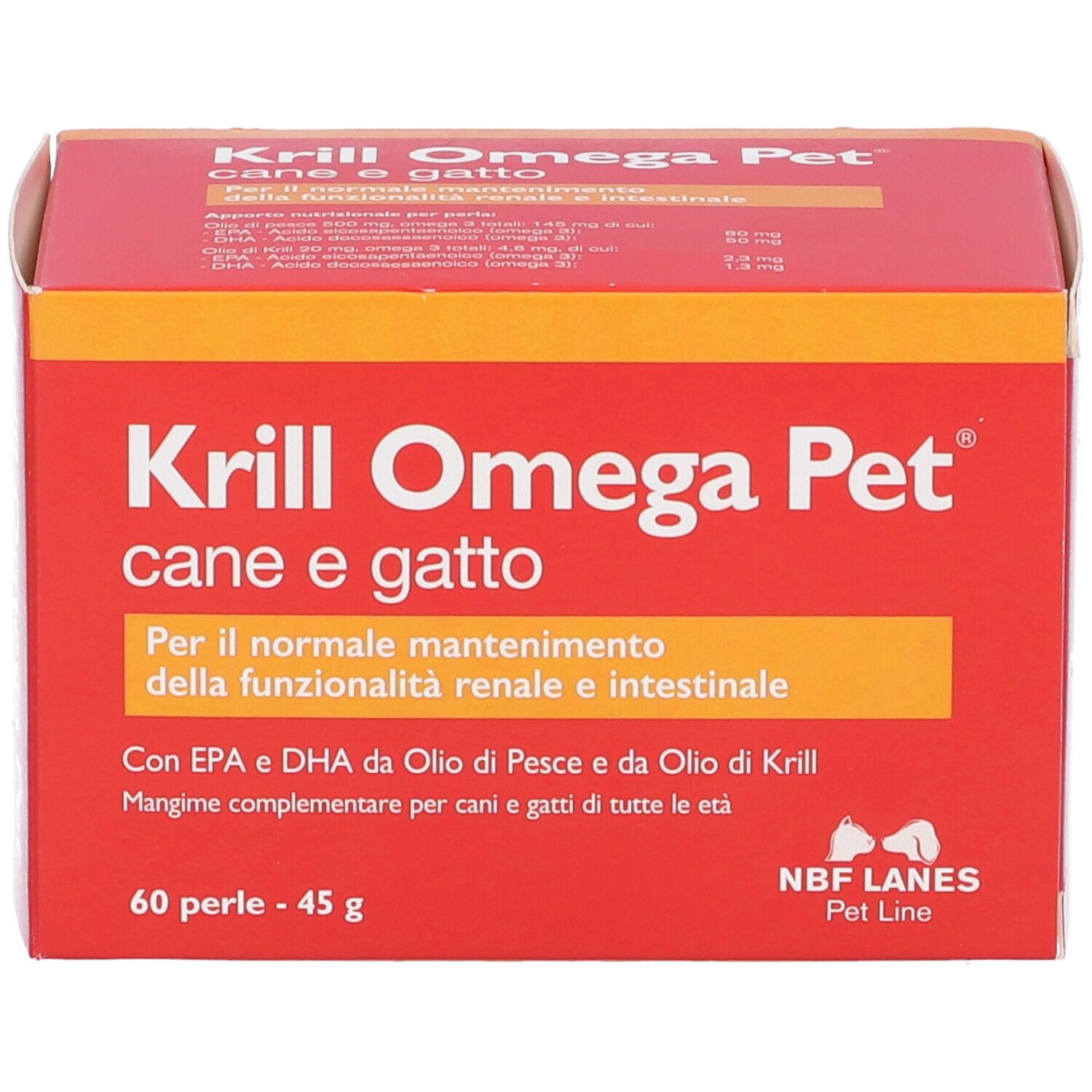 Scatola rossa "Krill Omega Pet" per cani e gatti. 60 perle, 45 g. Testo in italiano.