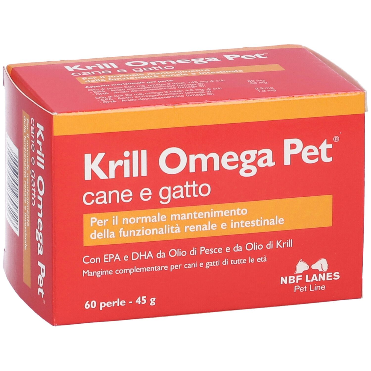 Scatola rossa "Krill Omega Pet" per cani e gatti. 60 perle, 45 g. Testo in italiano.