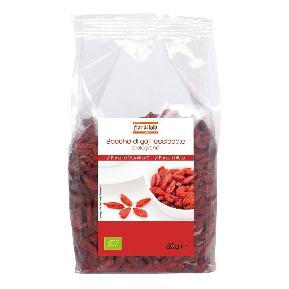 Sacchetto trasparente con bacche di goji essiccate. Prodotto rosso con etichetta bianca. Testo: Bacche di goji essiccate biologiche.