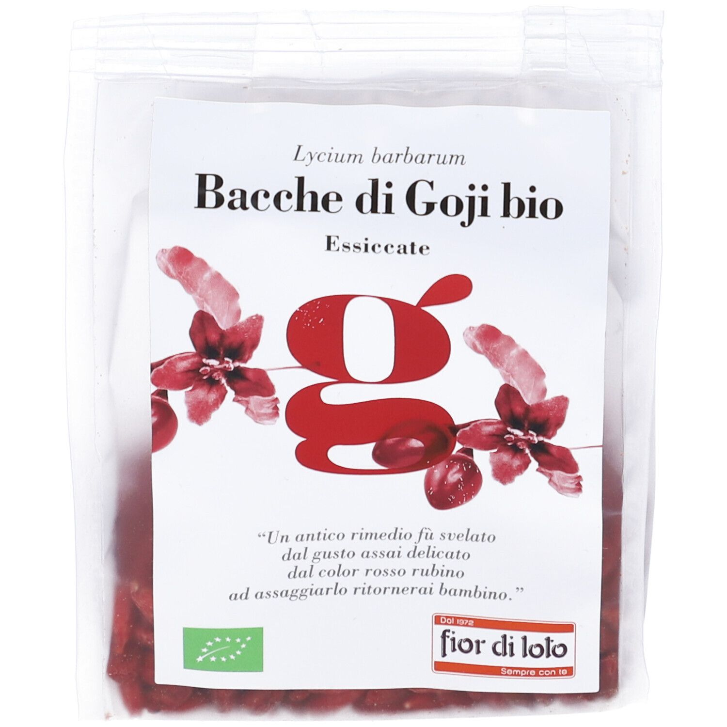 Confezione trasparente di bacche di goji essiccate. Prodotto rosso con etichetta bianca. Testo: Bacche di Goji bio Essiccate.