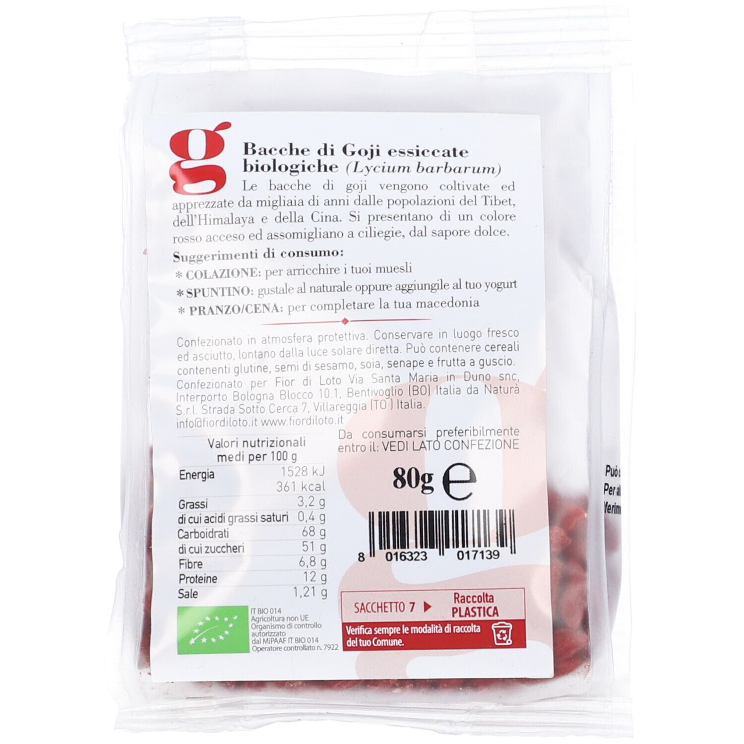 Retro della confezione con informazioni nutrizionali e testo. Testo: Bacche di Goji essiccate biologiche (Lycium barbarum). 80g e. Marchio bio.