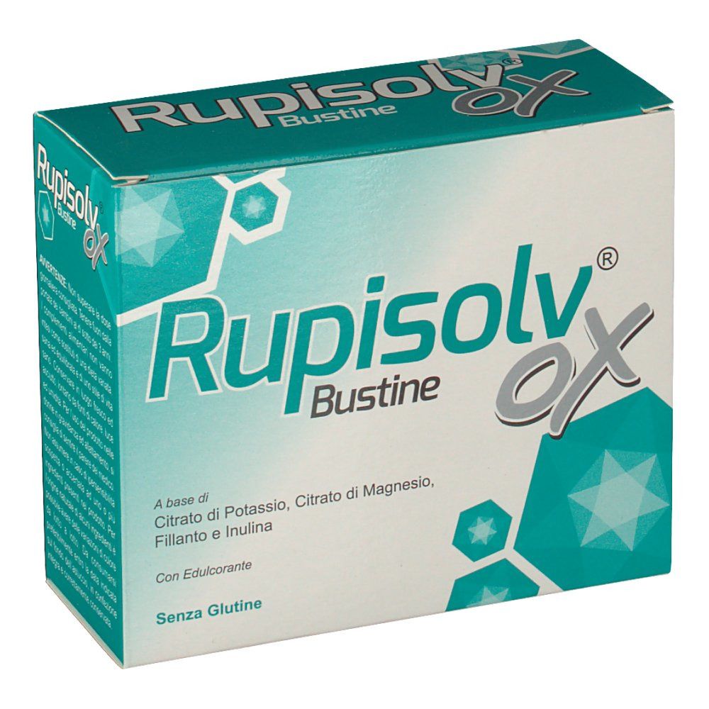 Scatola Rupisolv® OX Bustine. Design turchese e bianco. Testo: Rupisolv® OX, Bustine, ingredienti, senza glutine.