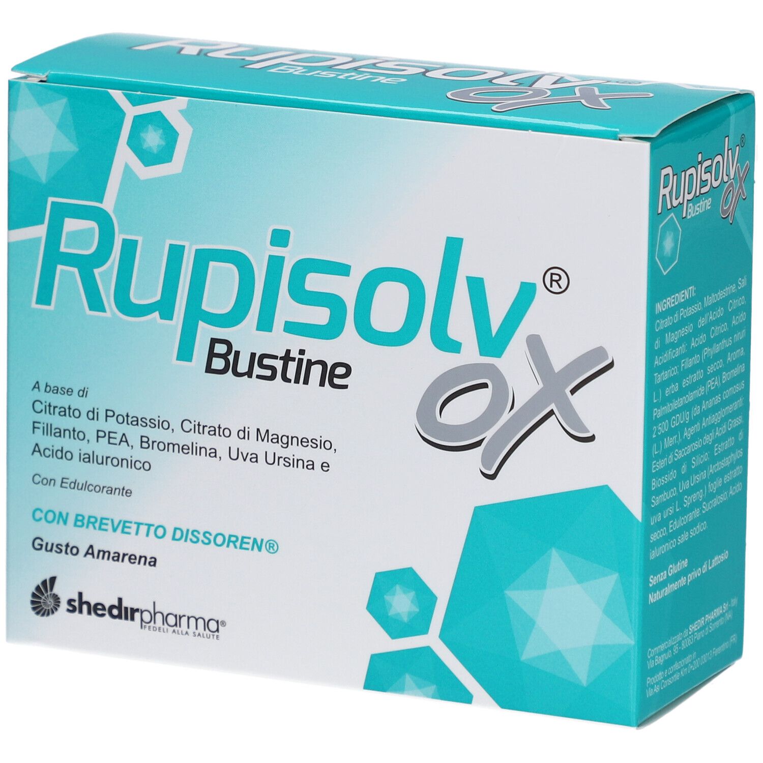 Scatola Rupisolv® OX Bustine. Design turchese e bianco. Testo: Rupisolv® OX, Bustine, ingredienti, gusto Amarena.