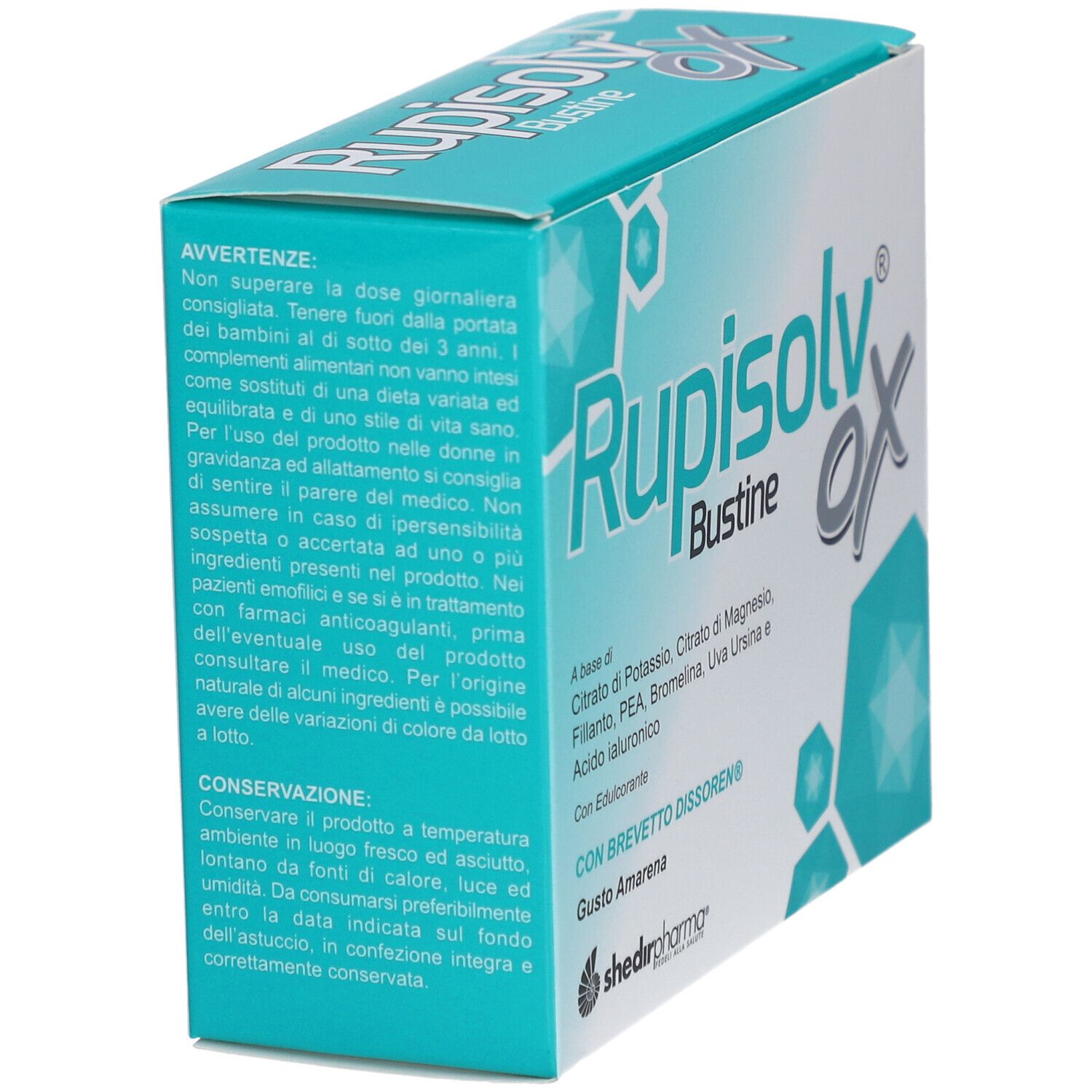 Scatola Rupisolv® OX Bustine. Design turchese e bianco. Testo: Rupisolv® OX, Bustine, avvertenze, ingredienti, gusto Amarena.
