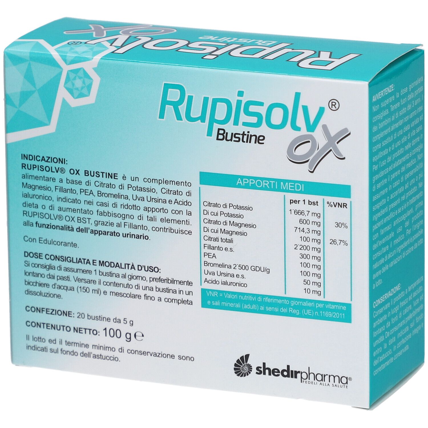 Scatola Rupisolv® OX Bustine. Design turchese e bianco. Testo: Rupisolv® OX, Bustine, informazioni nutrizionali, 20 bustine, 100g.