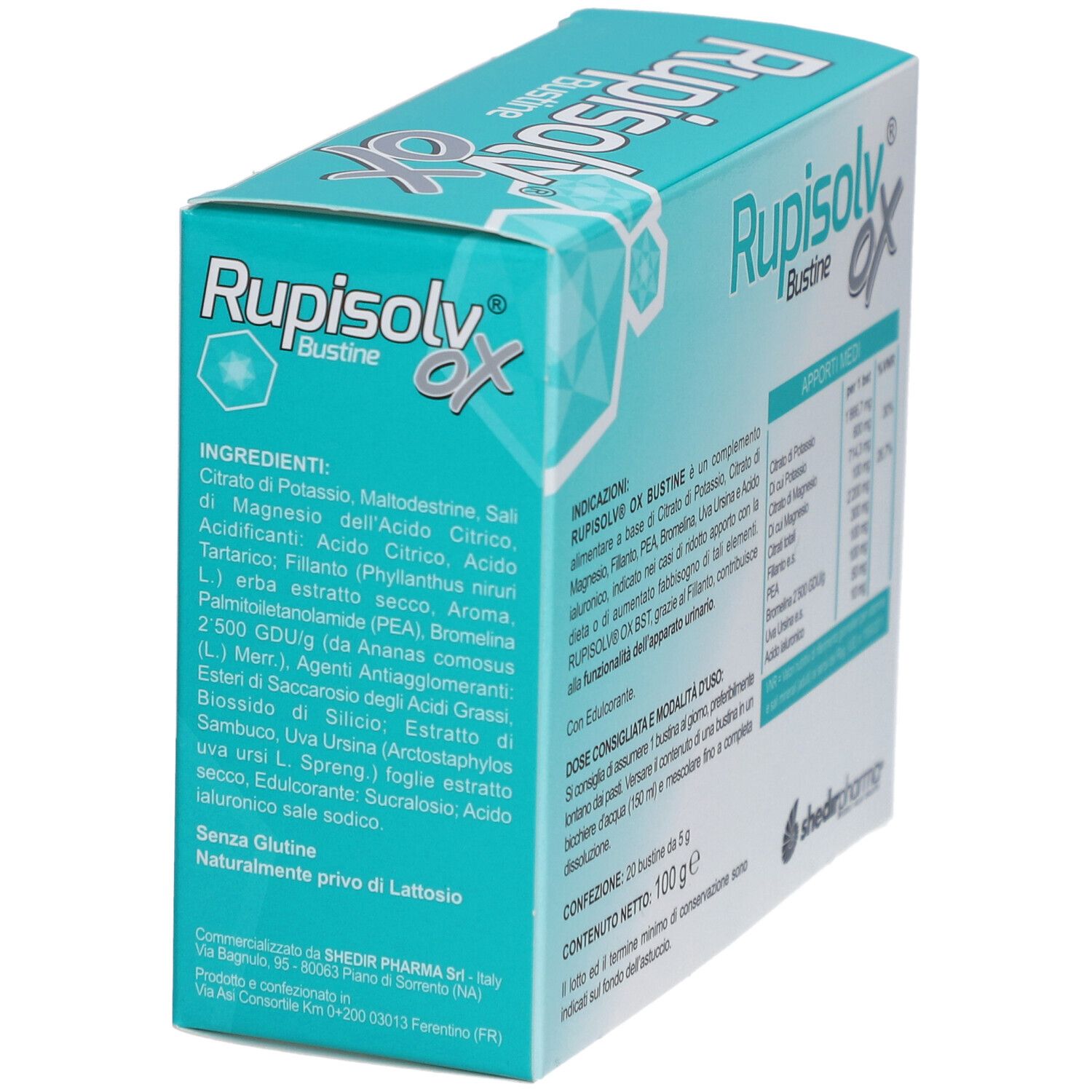 Scatola Rupisolv® OX Bustine. Design turchese e bianco. Testo: Rupisolv® OX, Bustine, ingredienti, senza glutine.