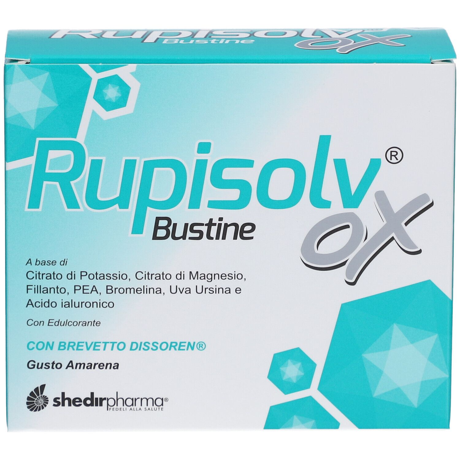 Scatola Rupisolv® OX Bustine. Design turchese e bianco. Testo: Rupisolv® OX, Bustine, ingredienti, gusto Amarena.