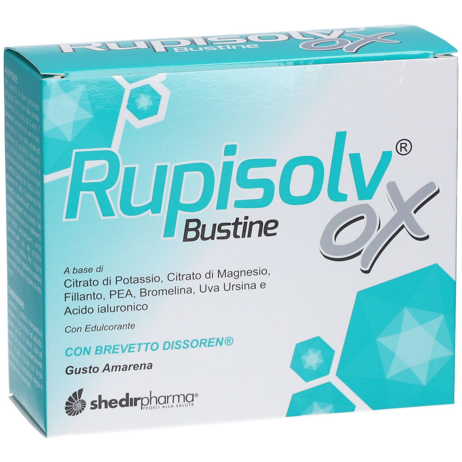 Scatola Rupisolv® OX Bustine. Design turchese e bianco. Testo: Rupisolv® OX, Bustine, ingredienti, gusto Amarena.