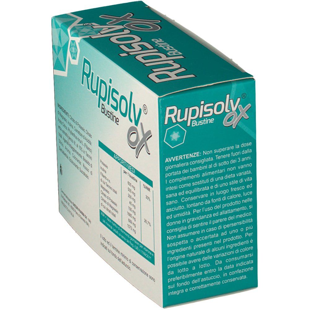 Scatola Rupisolv® OX Bustine. Design turchese e bianco. Testo: Rupisolv® OX, Bustine, avvertenze, ingredienti.