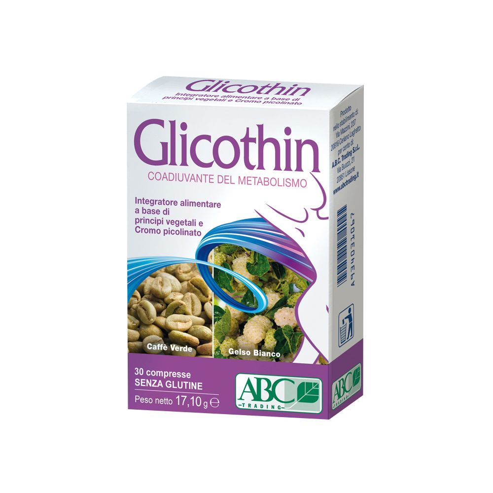 Scatola bianca con stampa del prodotto. Contiene 30 compresse. Scritto: Glicothin, Coadiuvante del Metabolismo, Senza glutine.