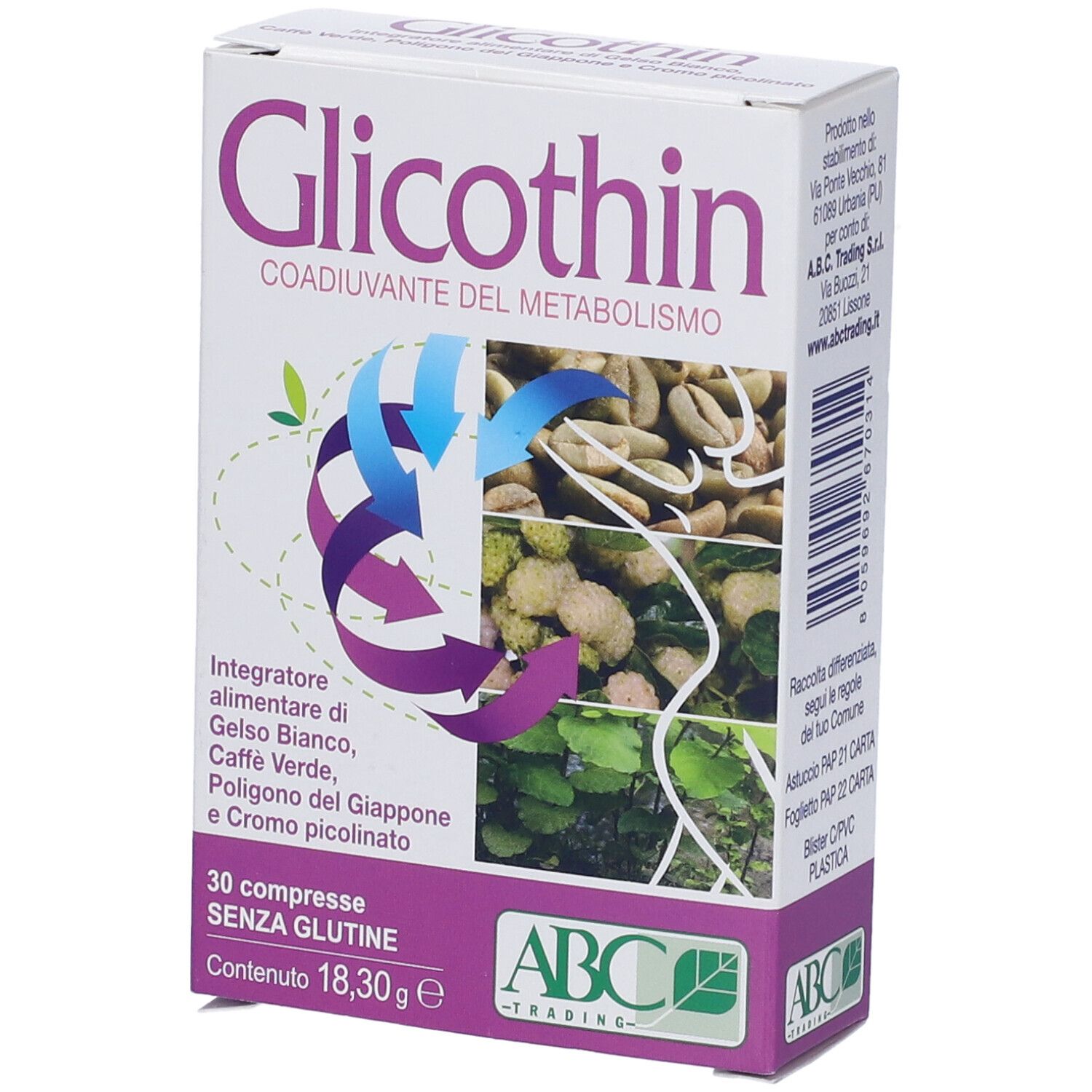 Scatola bianca con stampa del prodotto. Contiene 30 compresse. Scritto: Glicothin, Coadiuvante del Metabolismo, Senza glutine.
