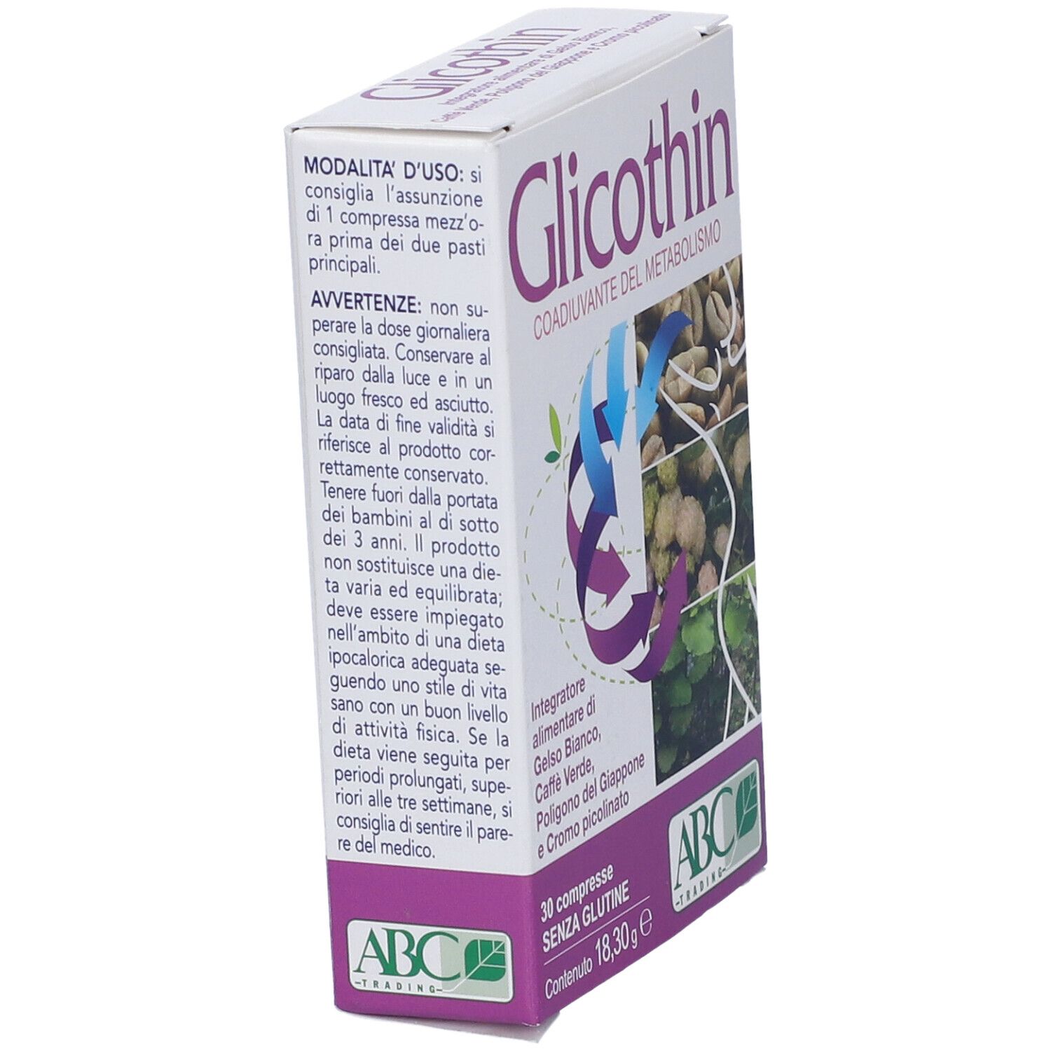 Scatola bianca con stampa del prodotto. Contiene 30 compresse. Scritto: Glicothin, Coadiuvante del Metabolismo, Senza glutine.