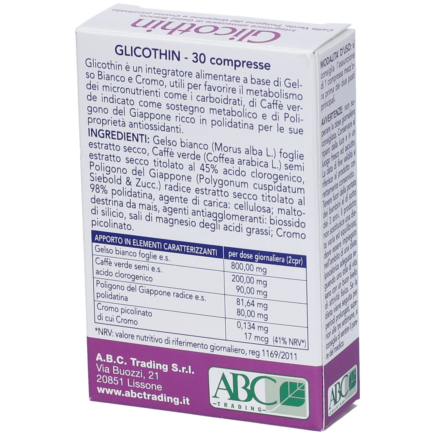 Scatola bianca con informazioni sul prodotto. Contiene ingredienti e valori nutrizionali. Scritto: Glicothin, 30 compresse.