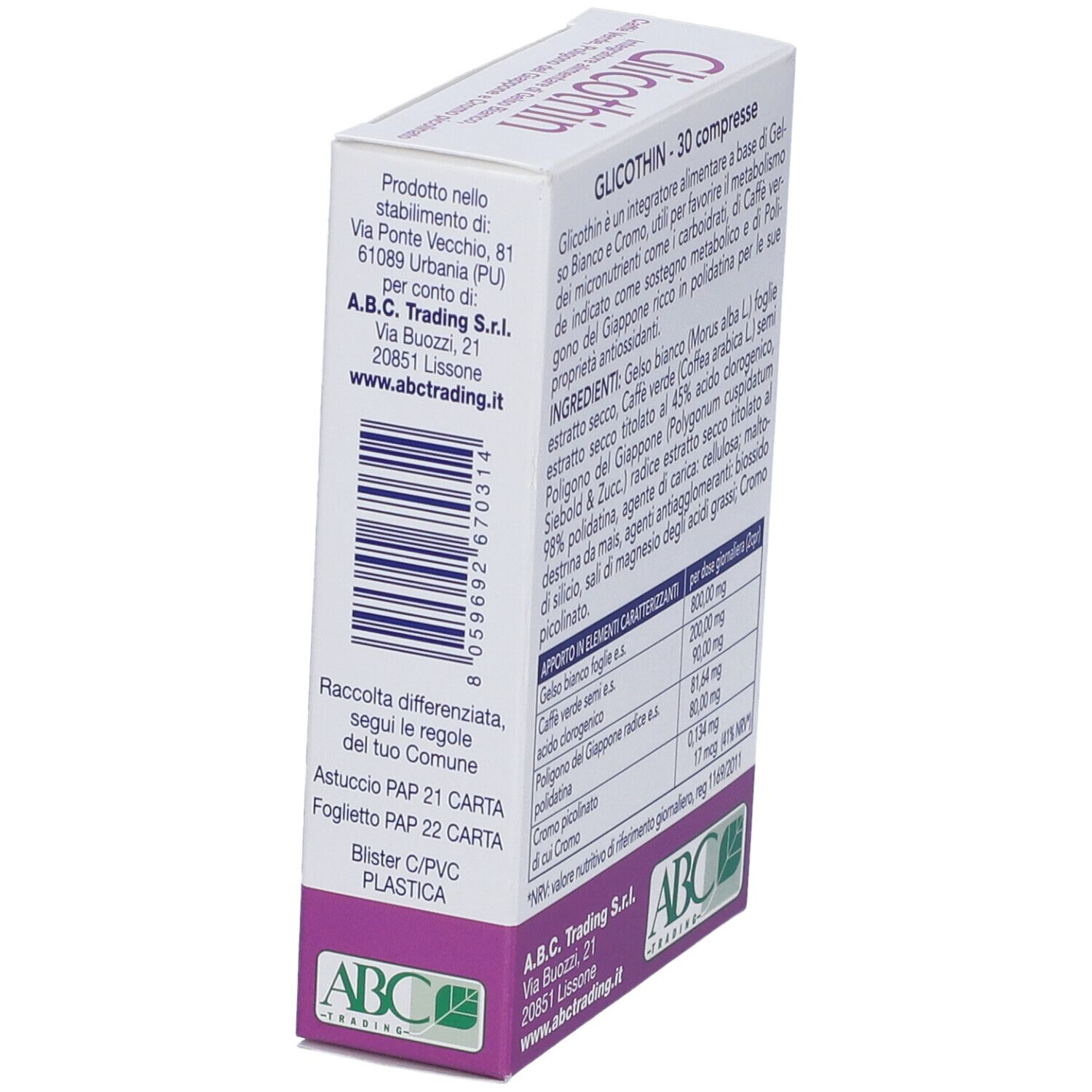 Scatola bianca con informazioni sul prodotto. Contiene ingredienti e valori nutrizionali. Scritto: Glicothin, 30 compresse.