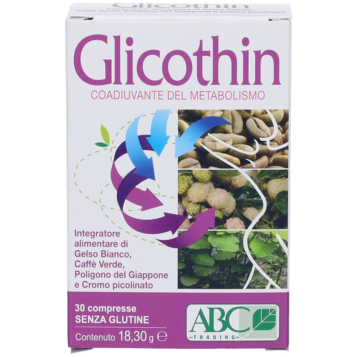 Scatola bianca con stampa del prodotto. Contiene 30 compresse. Scritto: Glicothin, Coadiuvante del Metabolismo, Senza glutine.