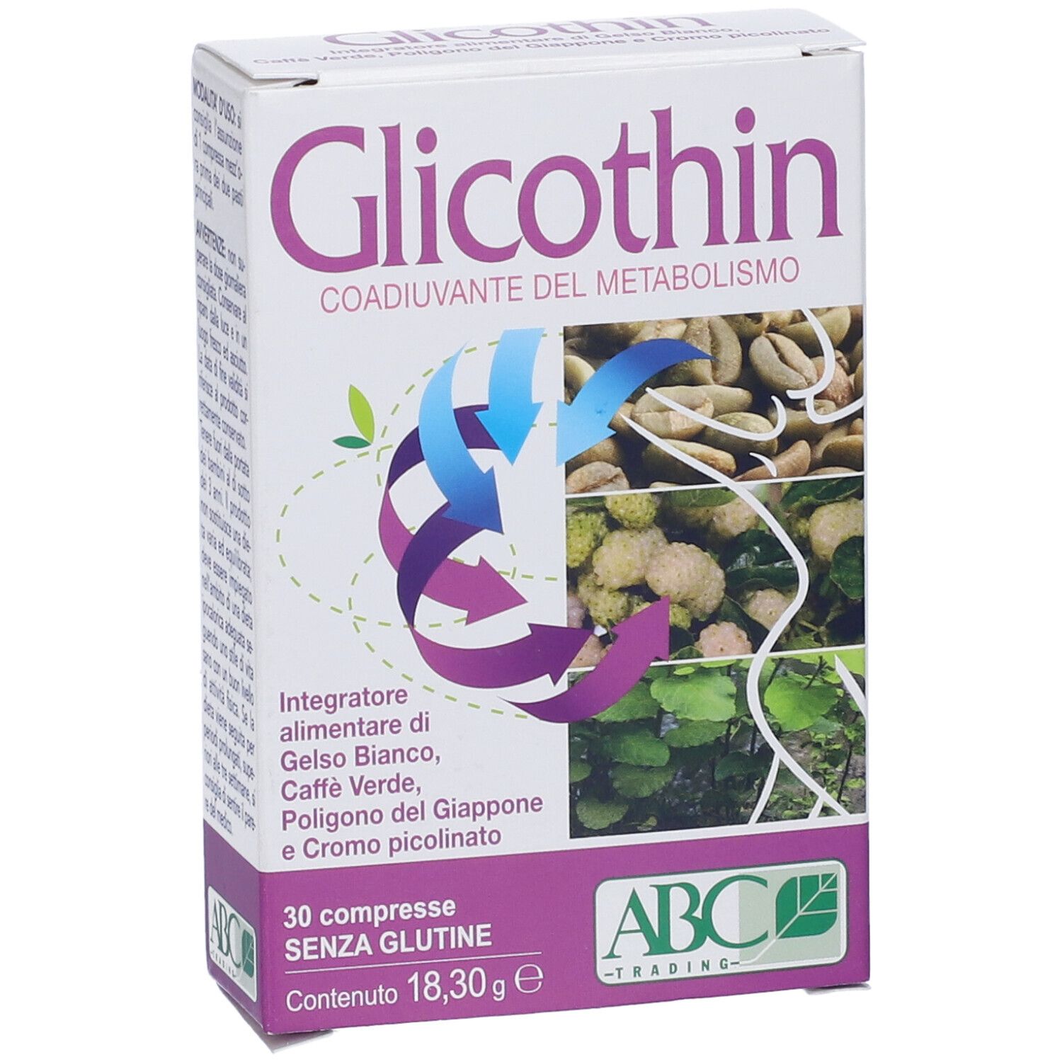 Scatola bianca con stampa del prodotto. Contiene 30 compresse. Scritto: Glicothin, Coadiuvante del Metabolismo, Senza glutine.