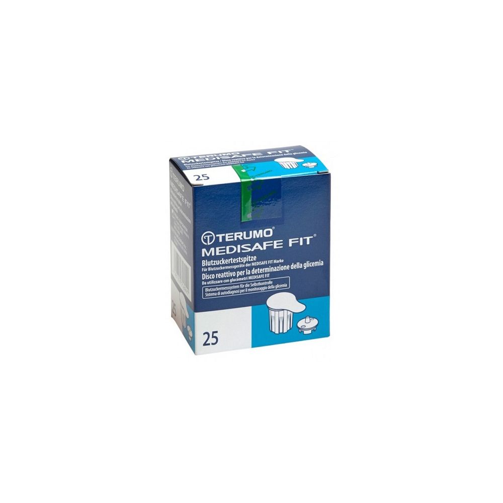 Scatola di lancette per glicemia. Marchio MEDISAFE FIT. 25 pezzi. Blu e bianco. Logo Terumo.