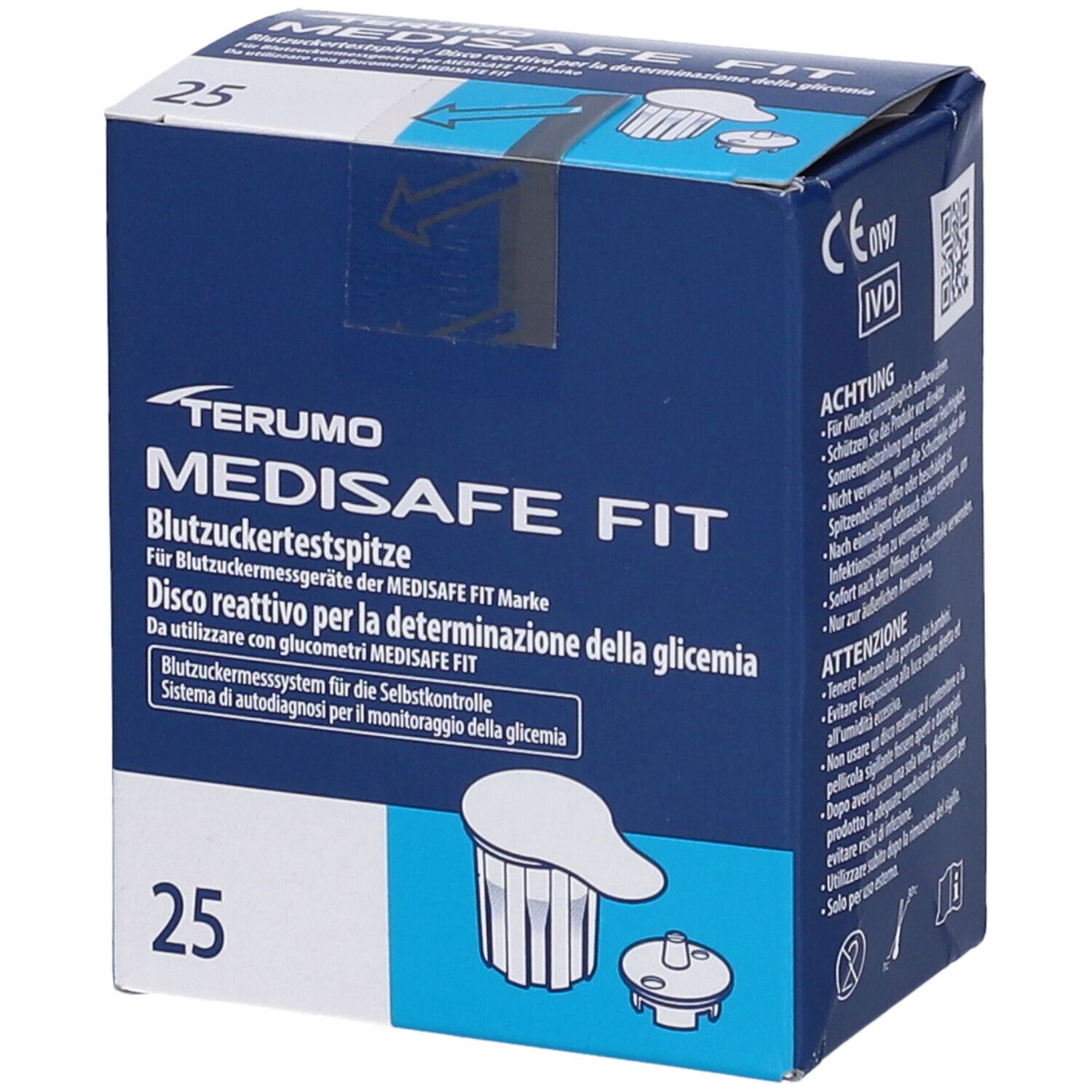Scatola di lancette per glicemia. MEDISAFE FIT. 25 pezzi. Blu. Testo e logo Terumo.