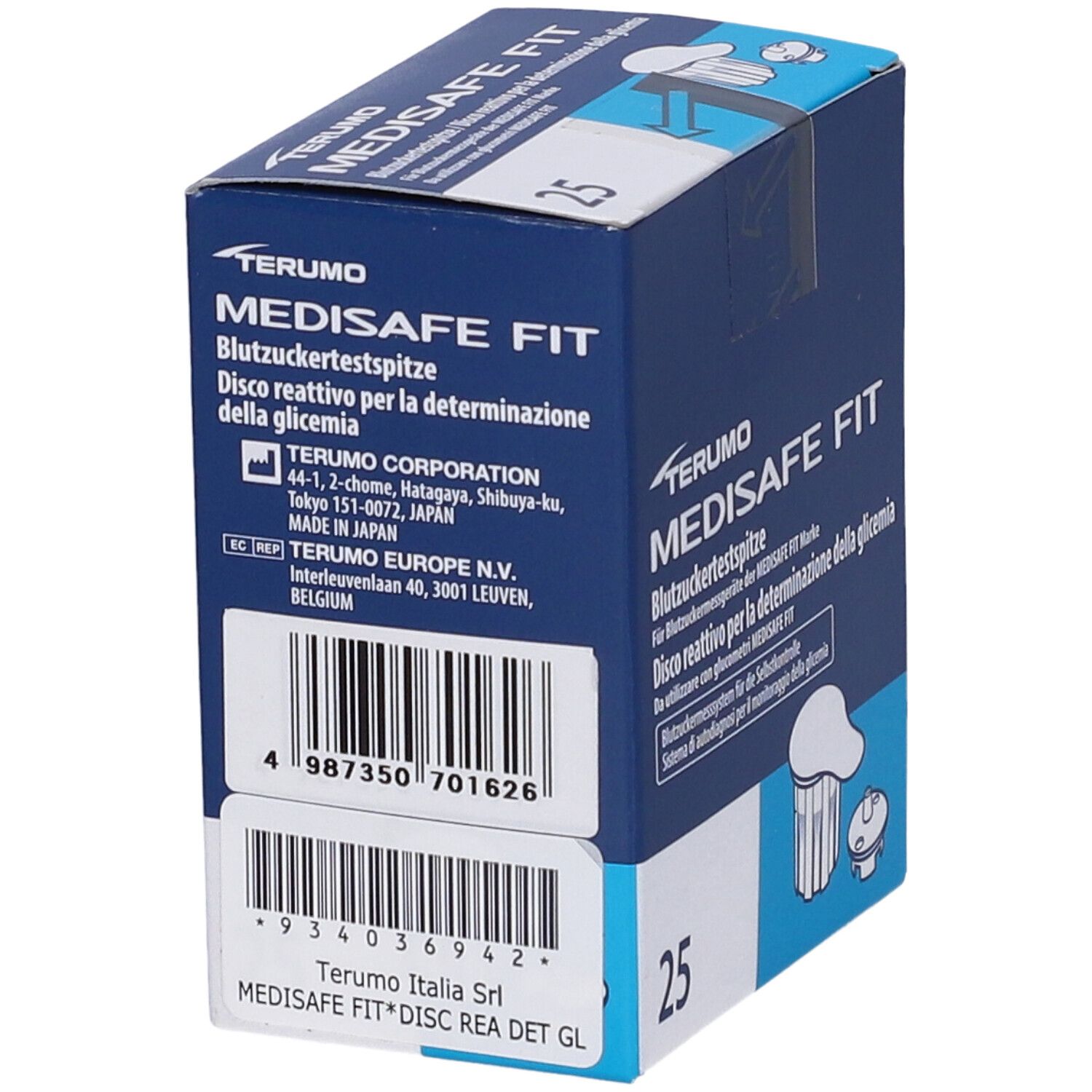 Scatola di lancette per glicemia. MEDISAFE FIT. 25 pezzi. Blu. Testo e logo Terumo.