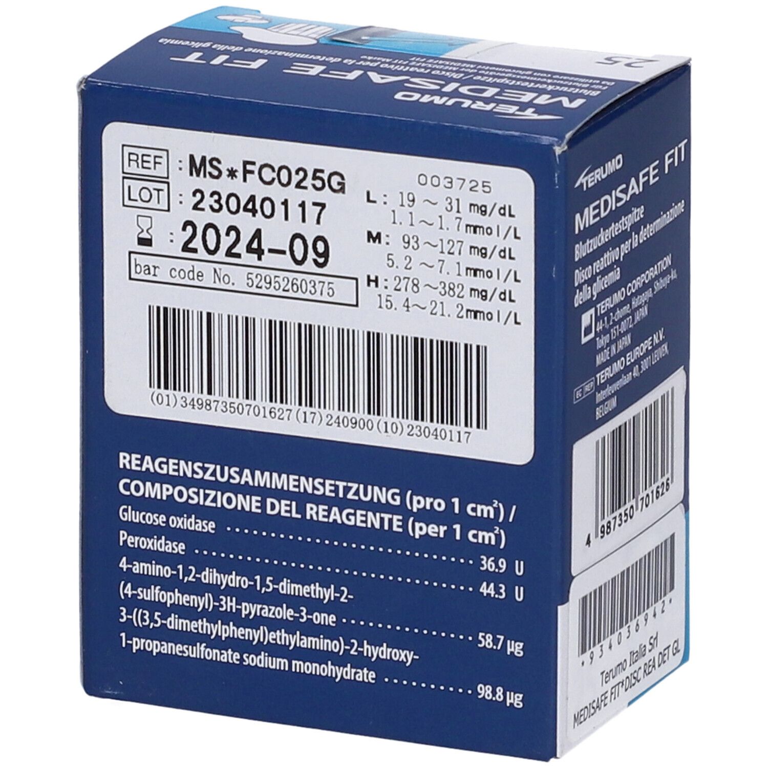 Scatola di lancette per glicemia. MEDISAFE FIT. 25 pezzi. Blu. Testo e logo Terumo.