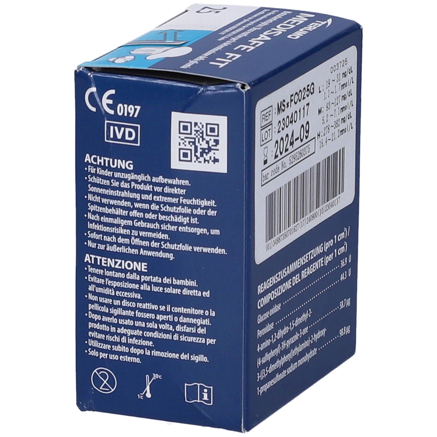Scatola di lancette per glicemia. MEDISAFE FIT. 25 pezzi. Blu. Testo e logo Terumo.