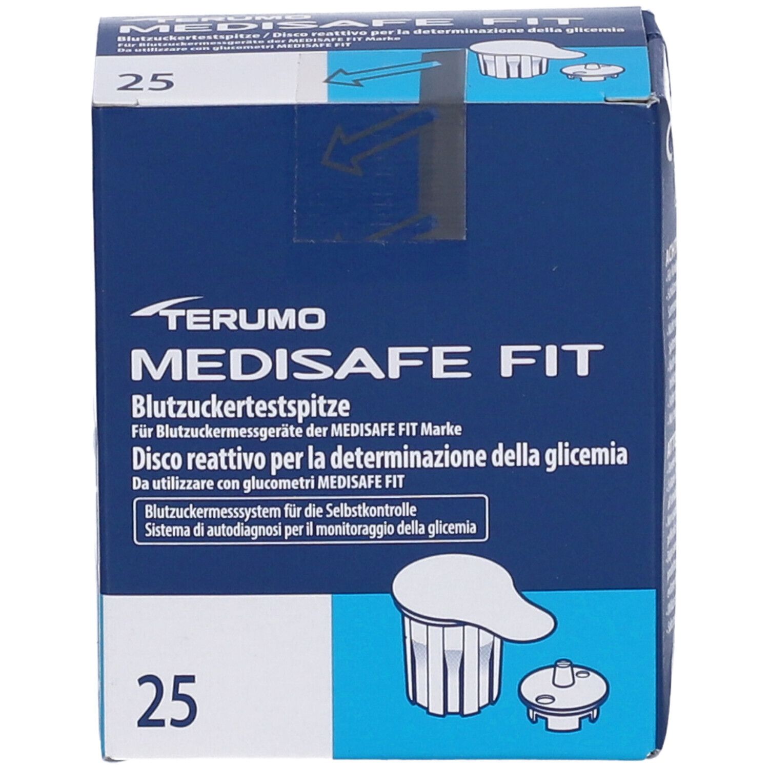Scatola di lancette per glicemia. MEDISAFE FIT. 25 pezzi. Blu. Testo e logo Terumo.