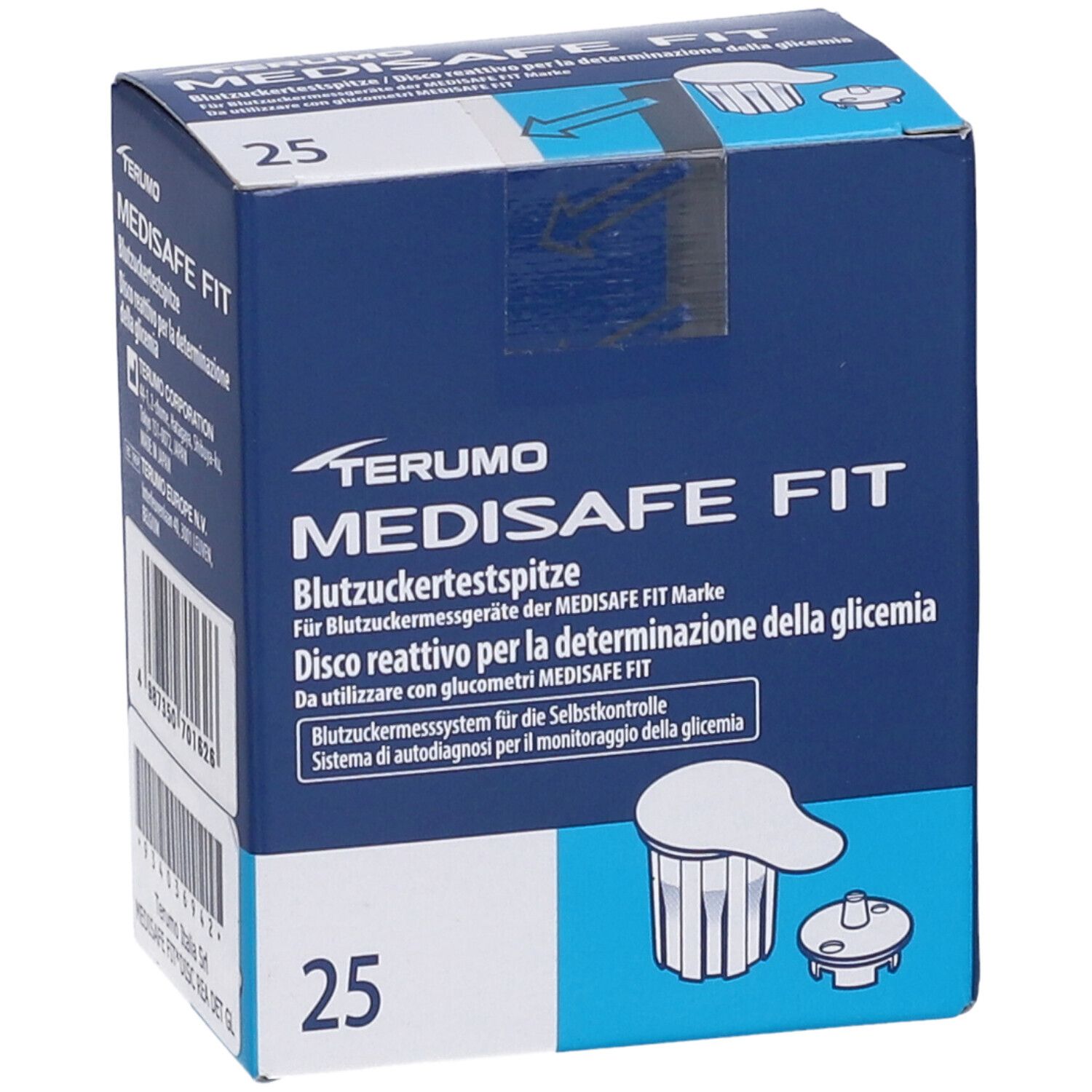 Scatola di lancette per glicemia. MEDISAFE FIT. 25 pezzi. Blu. Testo e logo Terumo.