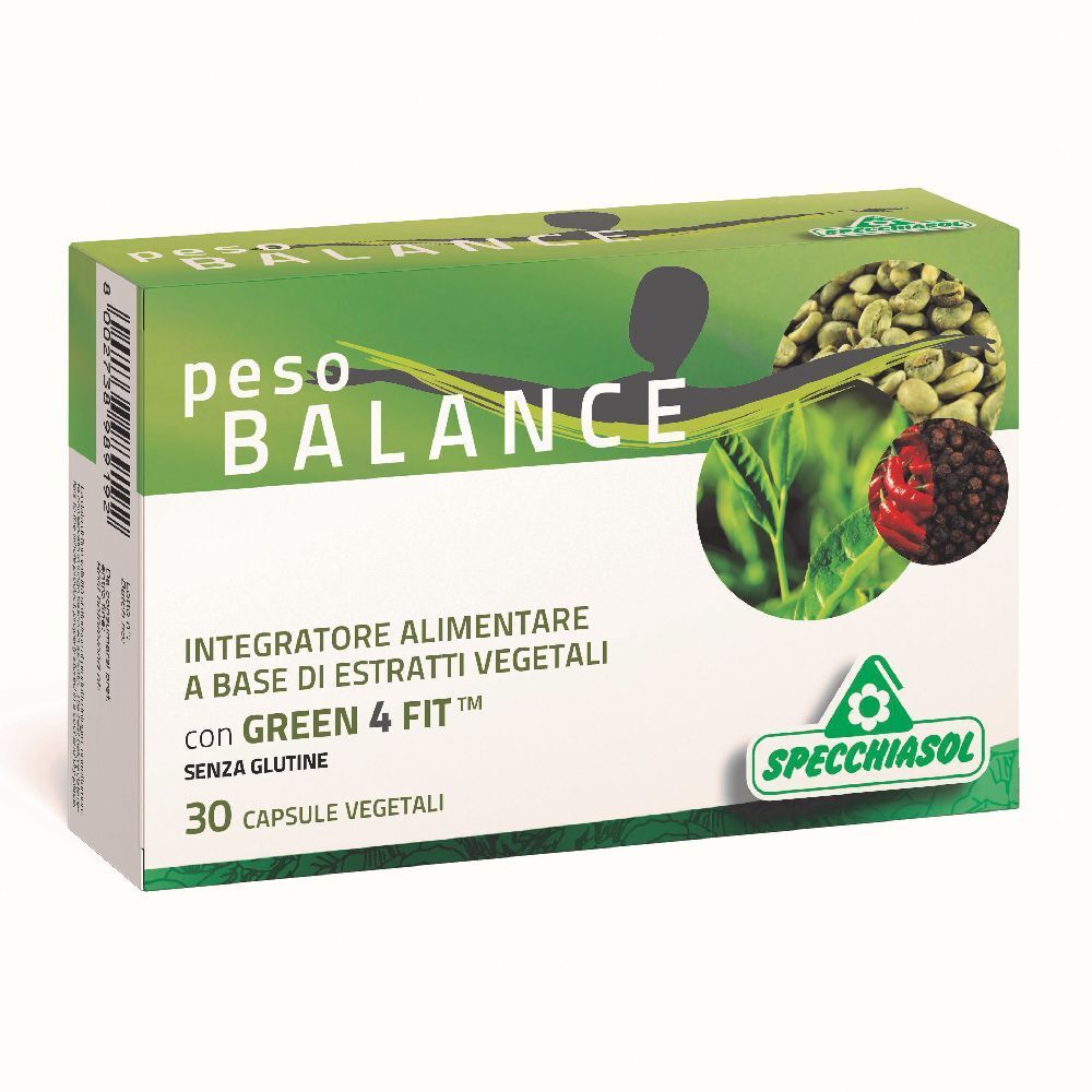 Scatola "Peso Balance" con 30 capsule vegetali. Marchio Specchiasol. Design verde e bianco con illustrazioni di chicchi di caffè e foglie.