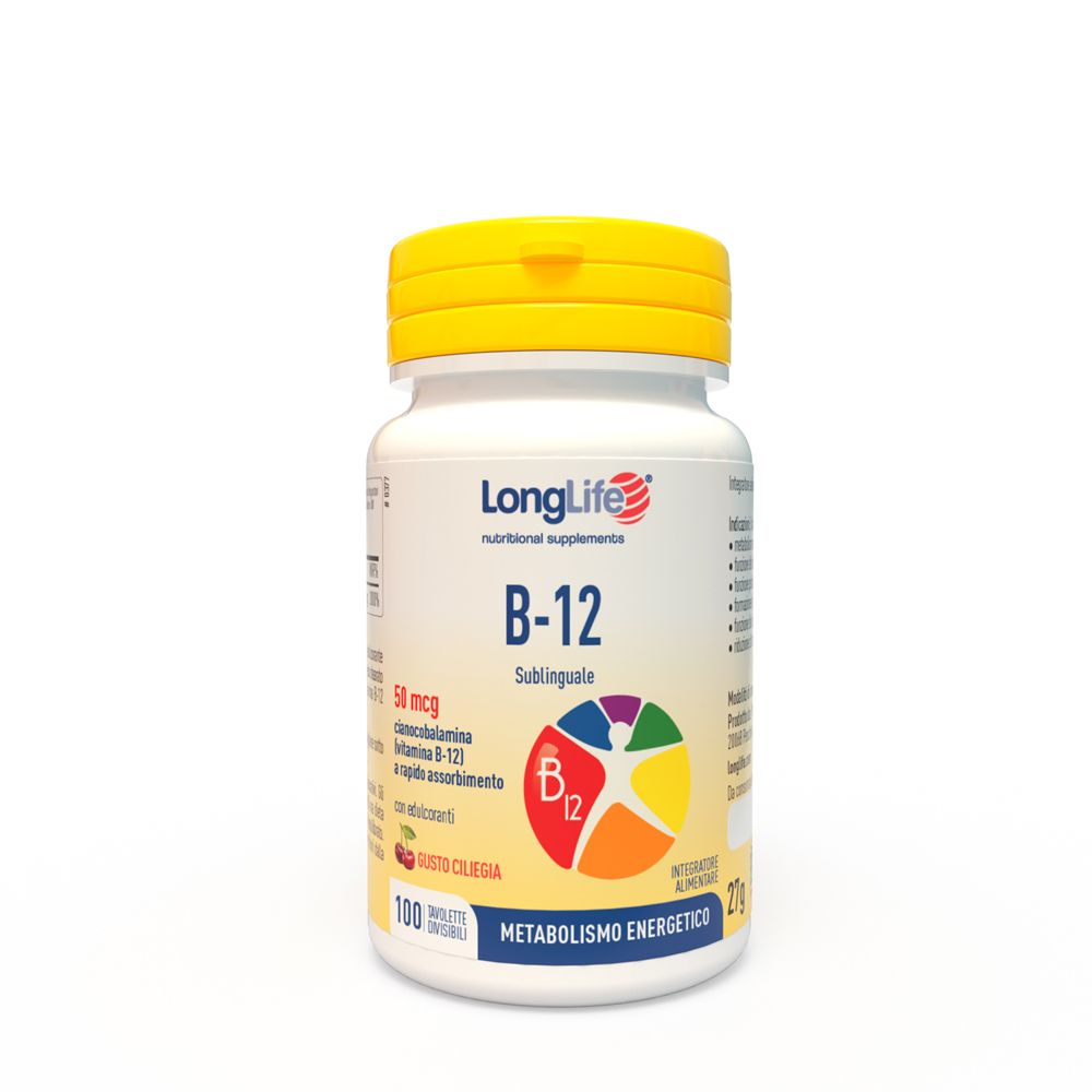 Flacone bianco con tappo giallo. Scritta: LongLife B-12, 100 compresse. Etichetta con informazioni.
