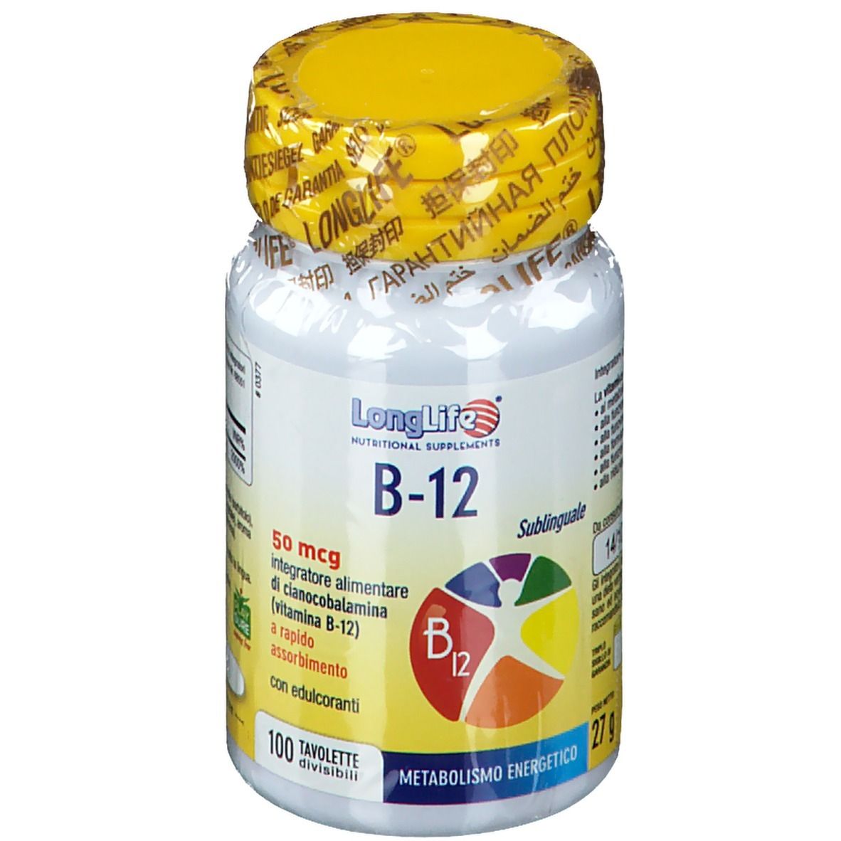 Flacone bianco con tappo giallo e sigillo. Scritta: LongLife B-12, 100 compresse. Etichetta con informazioni.