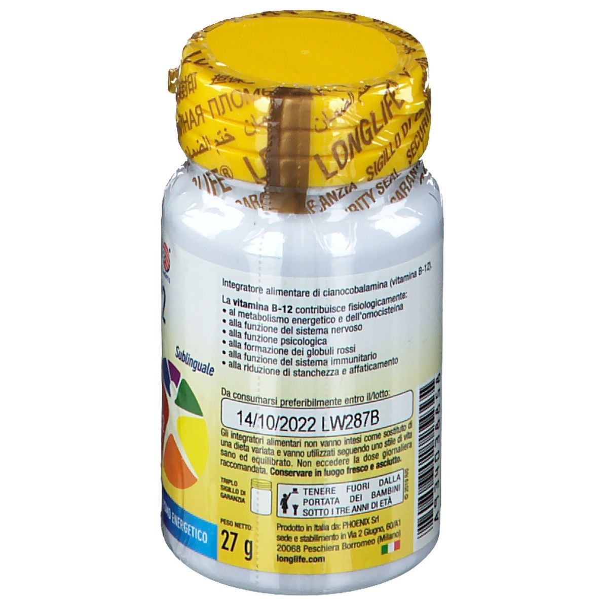 Retro di un flacone bianco con tappo giallo e sigillo. Informazioni e ingredienti.