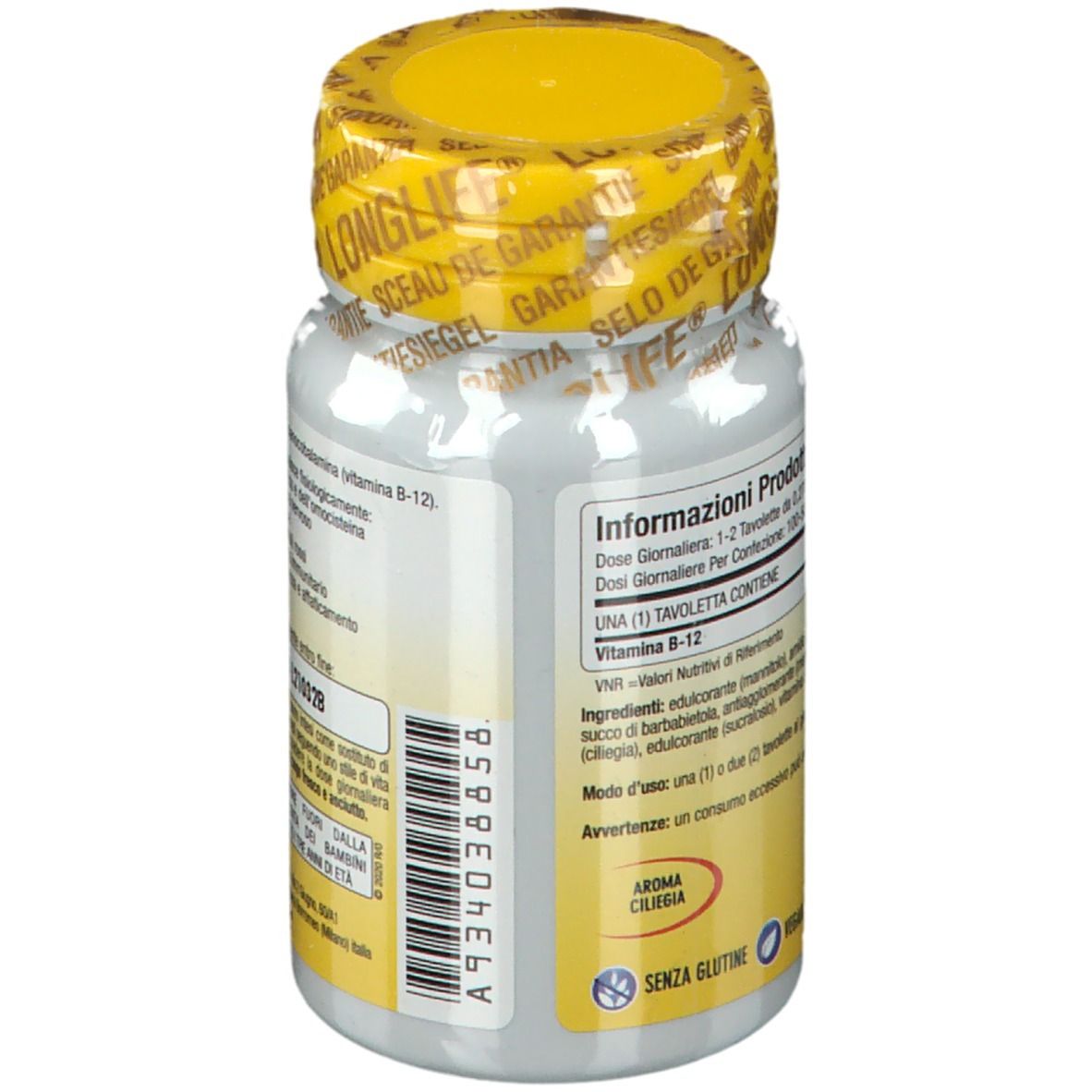 Retro di un flacone bianco con tappo giallo e sigillo. Informazioni e ingredienti.