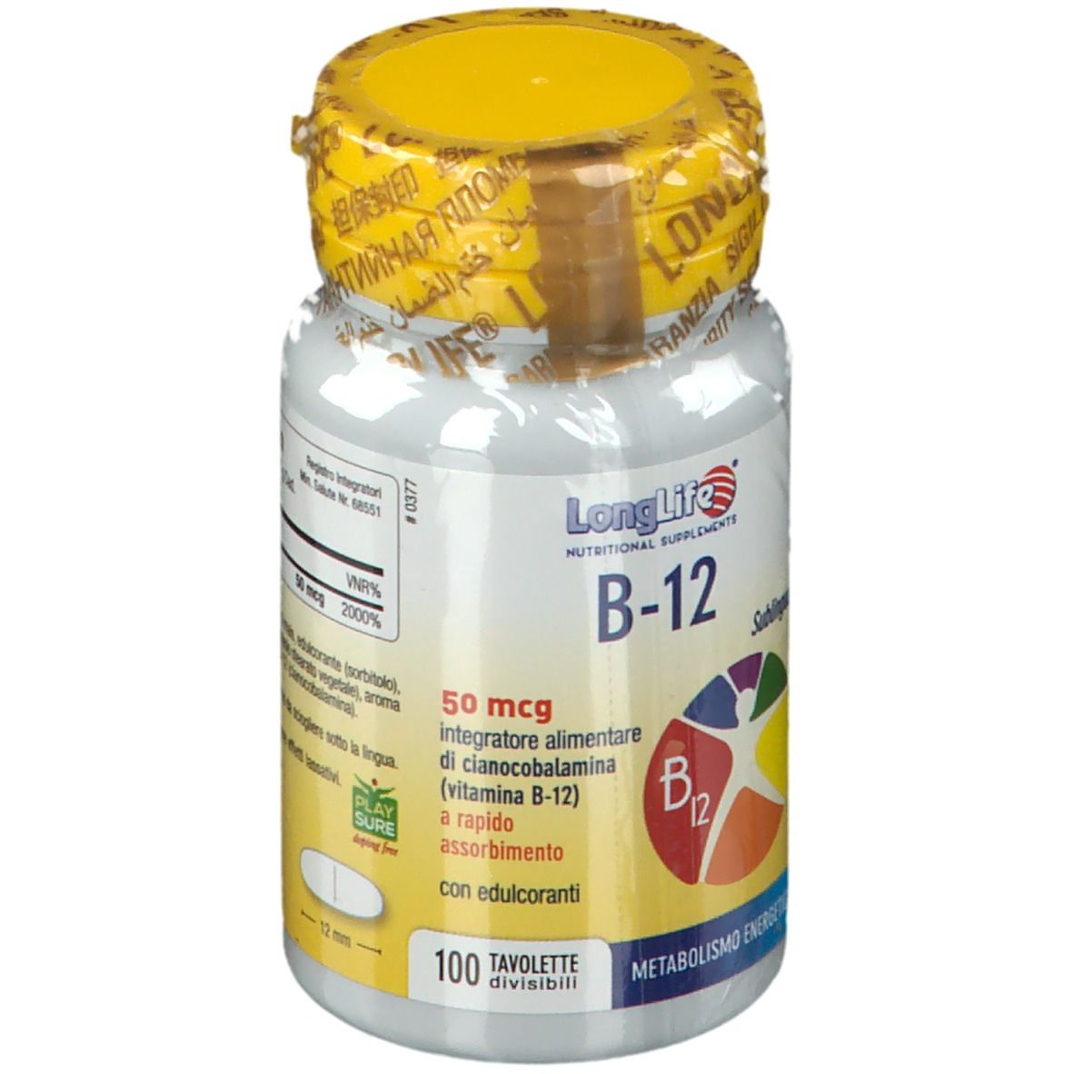 Flacone bianco con tappo giallo e sigillo. Scritta: LongLife B-12, 100 compresse. Etichetta con informazioni.