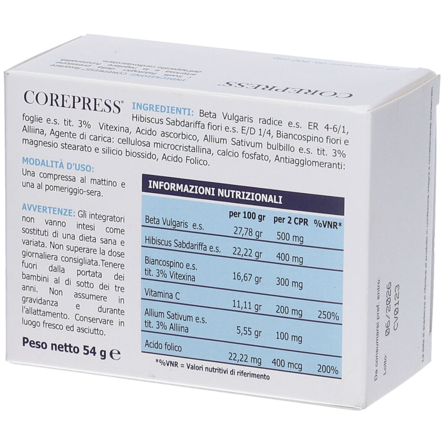 Scatola bianca con informazioni nutrizionali. Scritta COREPRESS. Logo SC Pharma.