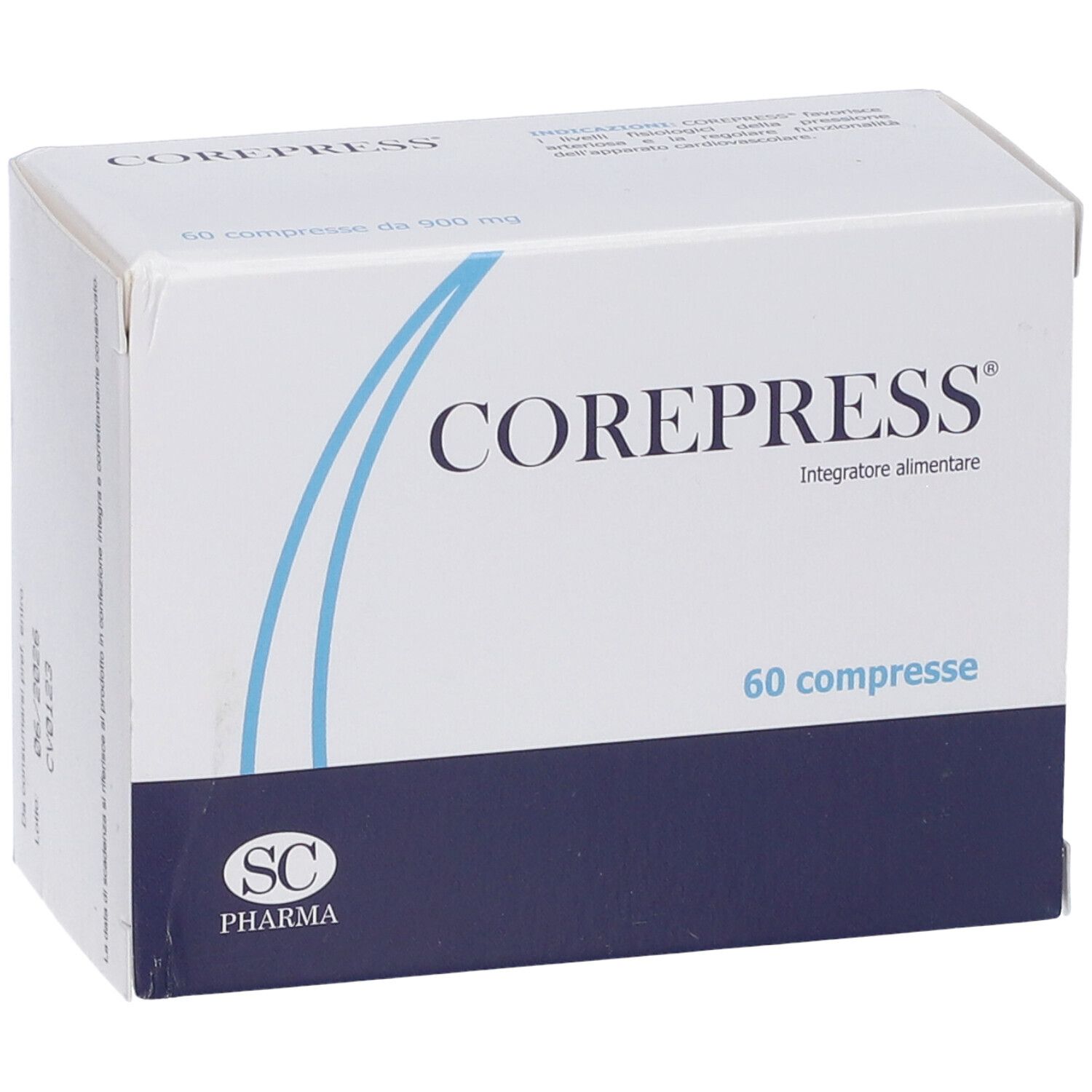 Scatola bianca con elementi blu. Scritta COREPRESS, 60 compresse. Logo SC Pharma.